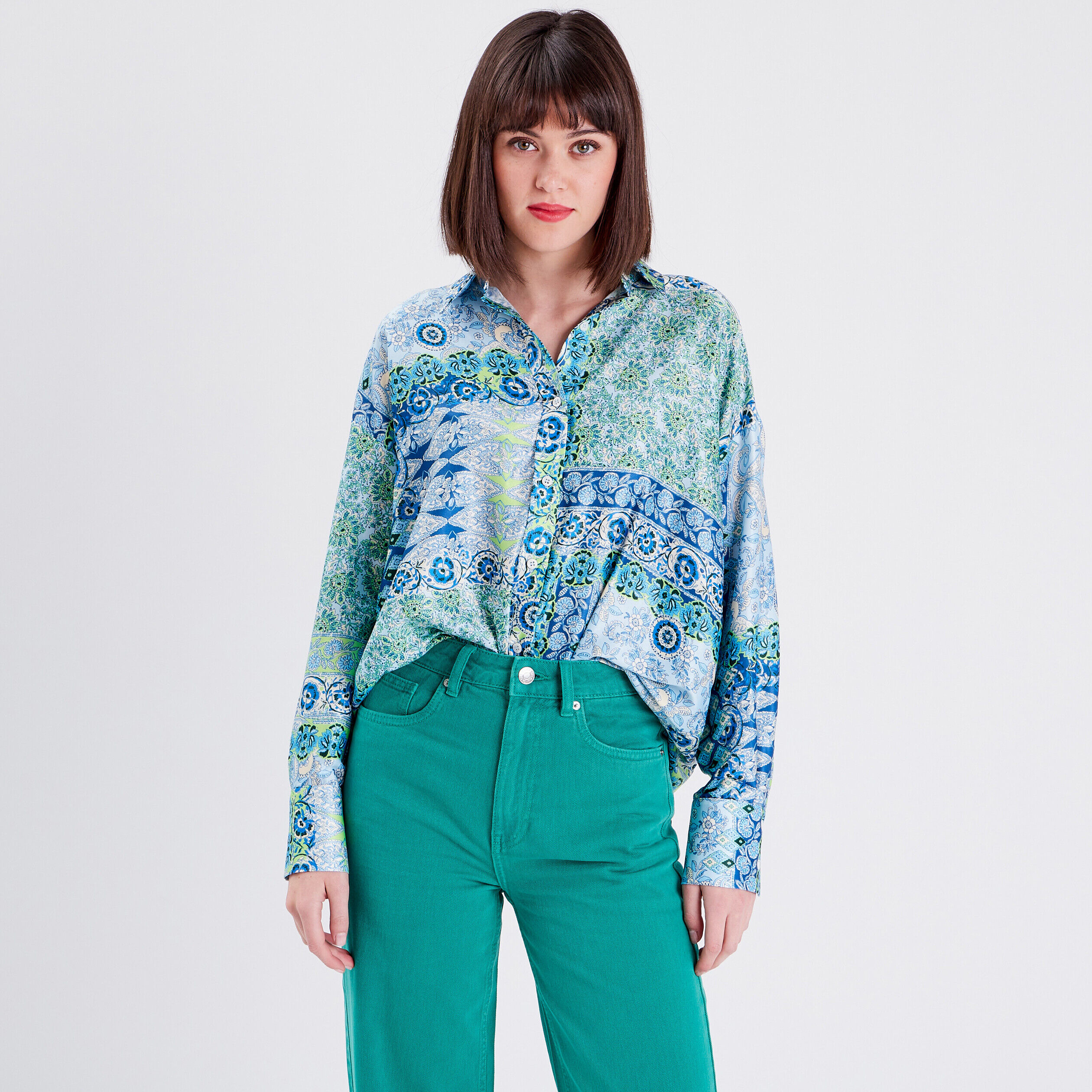 Chemise manches longues satin bleu femme | Cache Cache