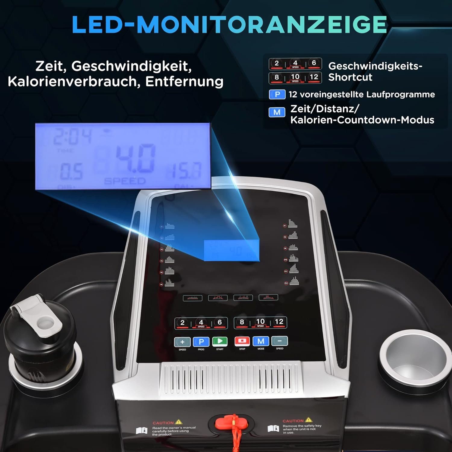 HOMCOM Laufband (Laufband Klappbar elektrisch 500W 1-12,8 km/h mit LED-Display), Handyhalterung für Home Gym Indoor Fitness Stahl ABS 142 x 66 x 127 cm