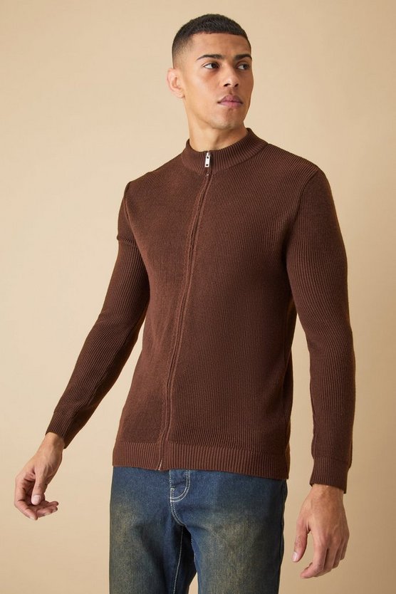 Gerippte Muscle-Fit Strickjacke mit Reißverschluss