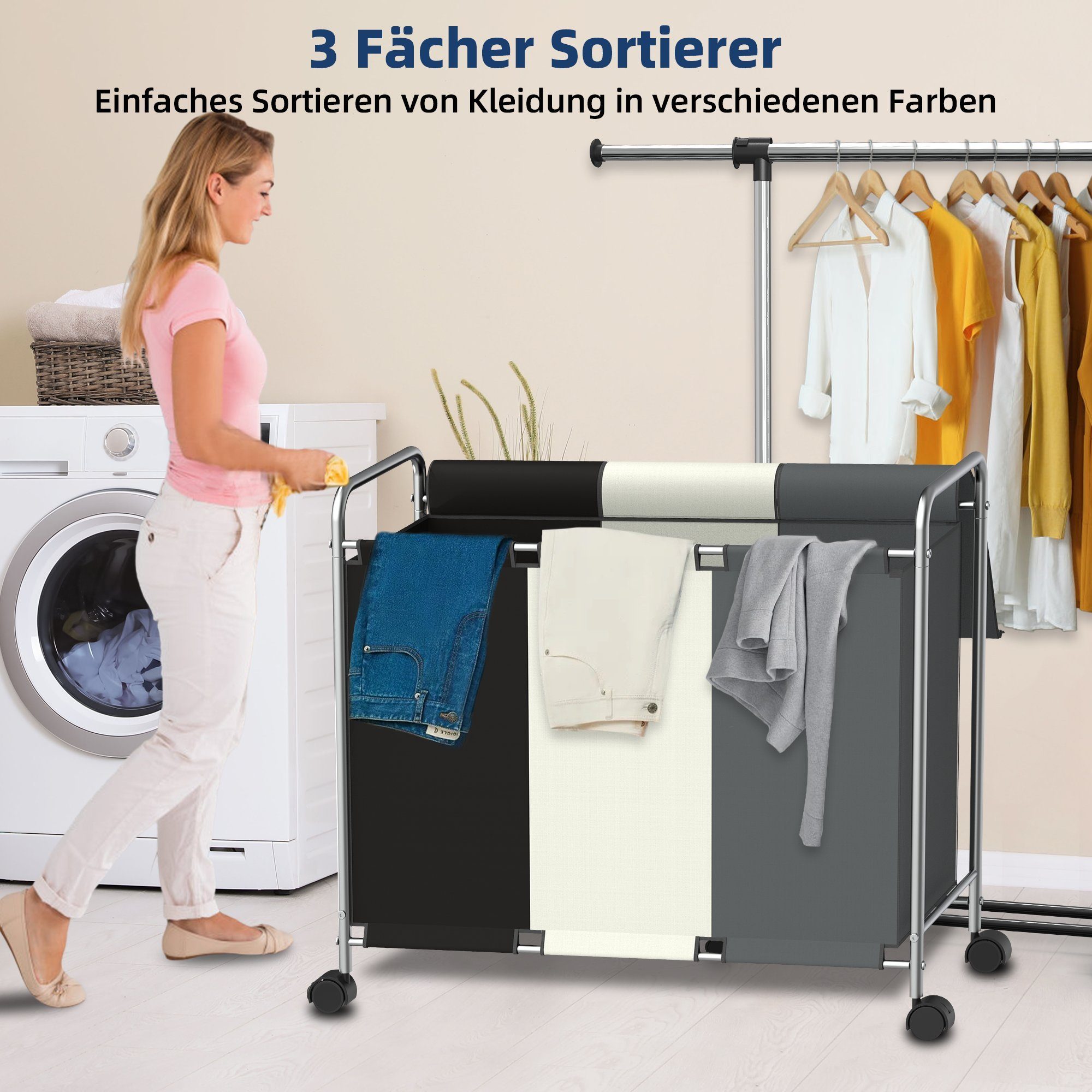 NEFOSO Wäschekorb Wäschesammler 3 fächer mit Deckel, 150L wäschesortierer für Waschküche, 600D Oxford-Gewebe, wäsche sortiersystem mit Rädern, 76 x 39 x 85 cm