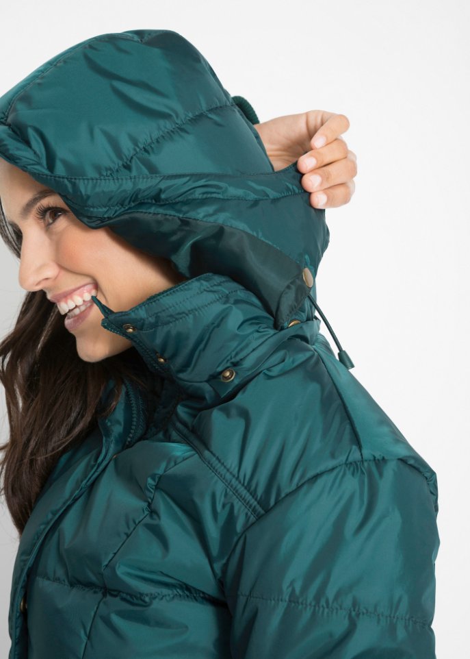 Long-Steppjacke, wattiert mit Kragen und Kapuze