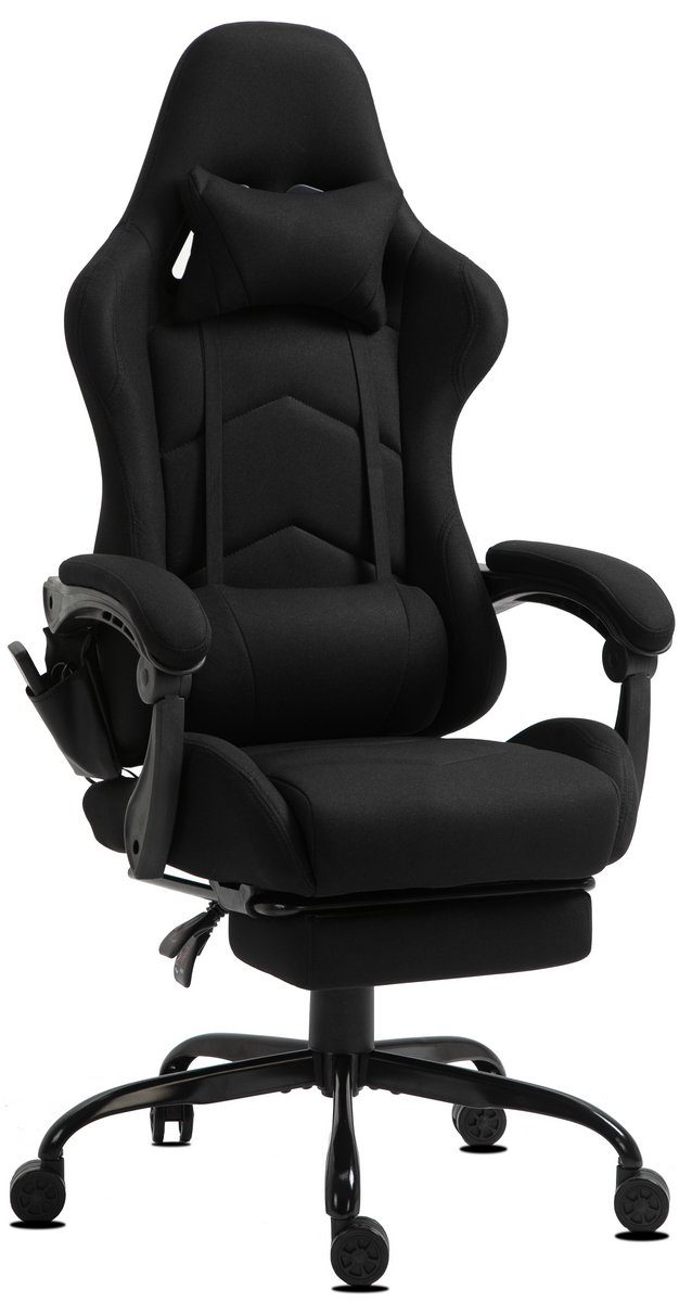 Delman Gaming-Stuhl Bürostuhl Chefsessel Massagefunktion mit 6 Vibrationspunkten Stoff, Drehstuhl, dicke Polsterung, Metallfußkreuz, Fußstütze 02-0036