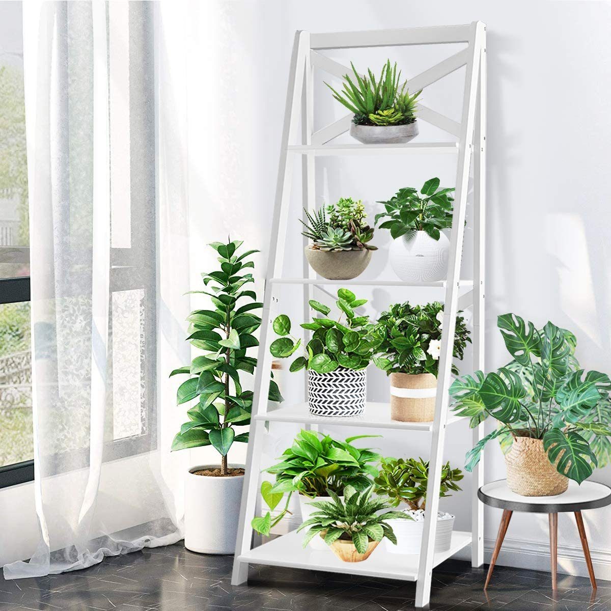 COSTWAY Leiterregal Bücherregal, 1-tlg., 4 Ebenen, aus Holz, 50x45x145cm
