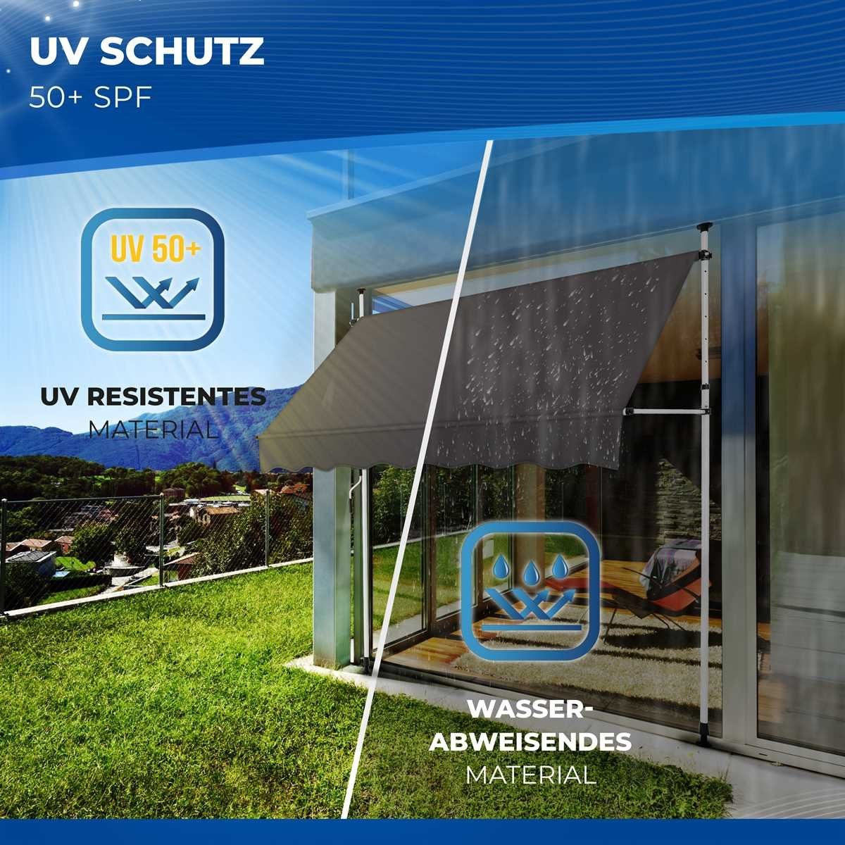 tillvex Klemmmarkise Balkonmarkise ohne Bohren, Markise mit Handkurbel & höhenverstellbar Sonnenschutz UV-beständig & wasserdicht