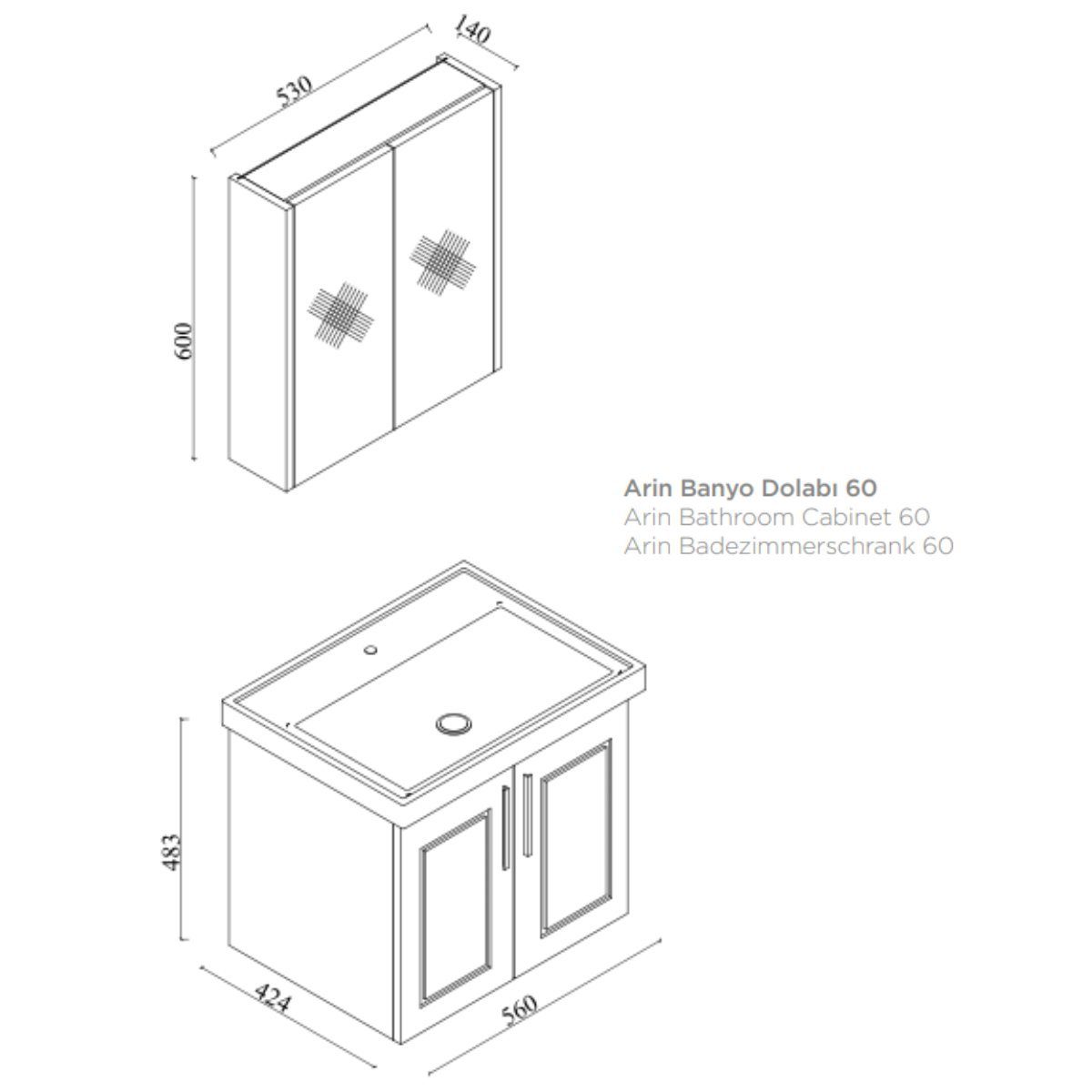 Karen Badmöbel-Set Arin, (Komplett-Set, 3-Teilig (Unterschrank, Spiegelschrank, Waschbecken), Unterschrank mit Türen, Spiegelschrank mit Türen & Regalen), Landhaus-Stil, Matt-PVC-Beschichtung, Softclose, Bügelgriffe