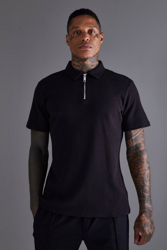 Slim-Fit Poloshirt in Waffeloptik mit 1/4 Reißverschluss