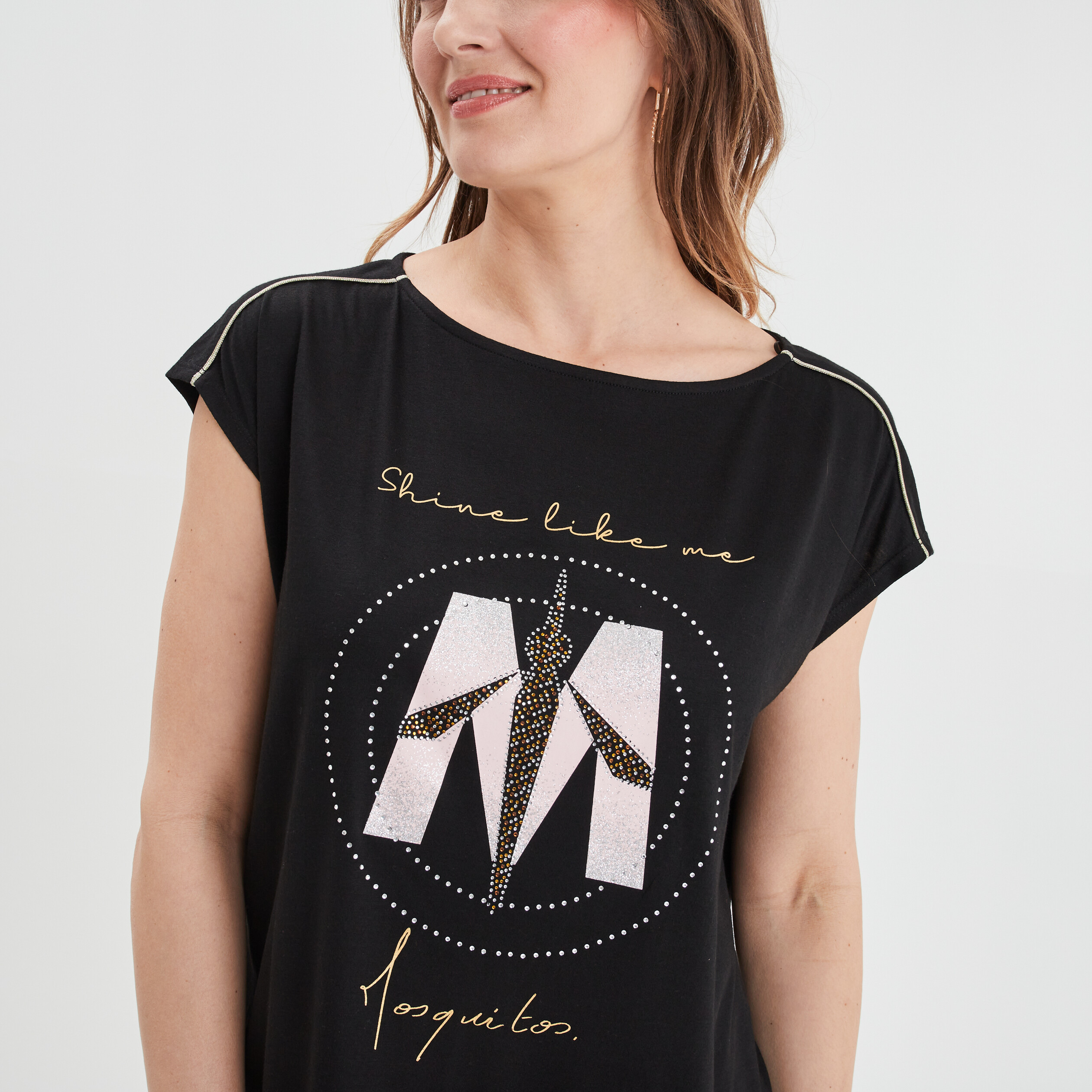 T-shirt col rond à strass Mosquitos noir femme | La Halle
