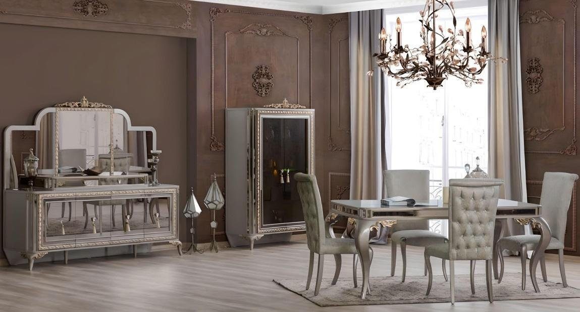 JVmoebel Esszimmer-Set Stühle Garnitur Essgruppe Esstisch Grau Holz Esszimmer Set 6tlg, (6-St., 1x Tisch + 4x Stühle + 1x Sideboard), Made in Europa