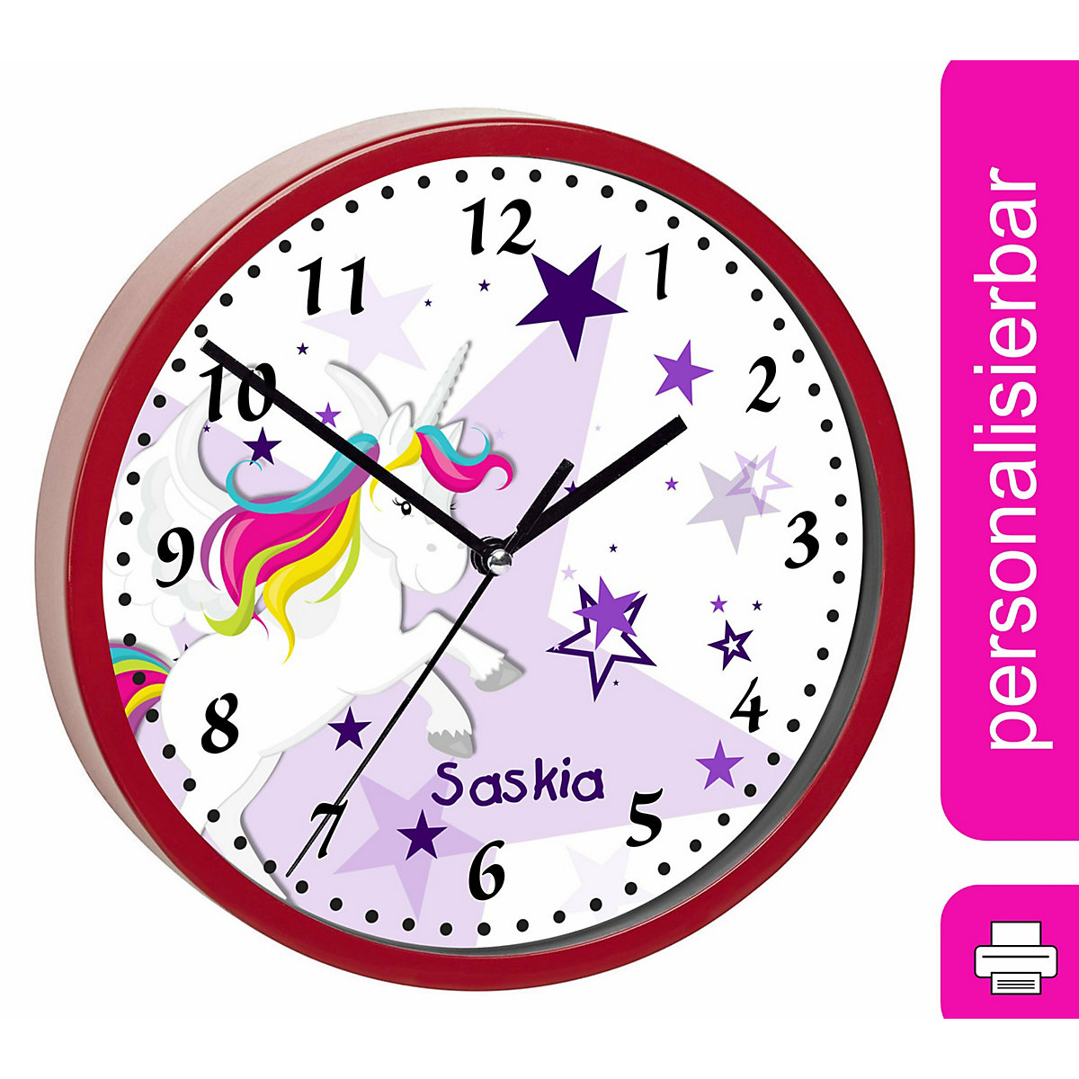Kinder Wanduhr personalisiert mit Name Pegasus Sterne Lila