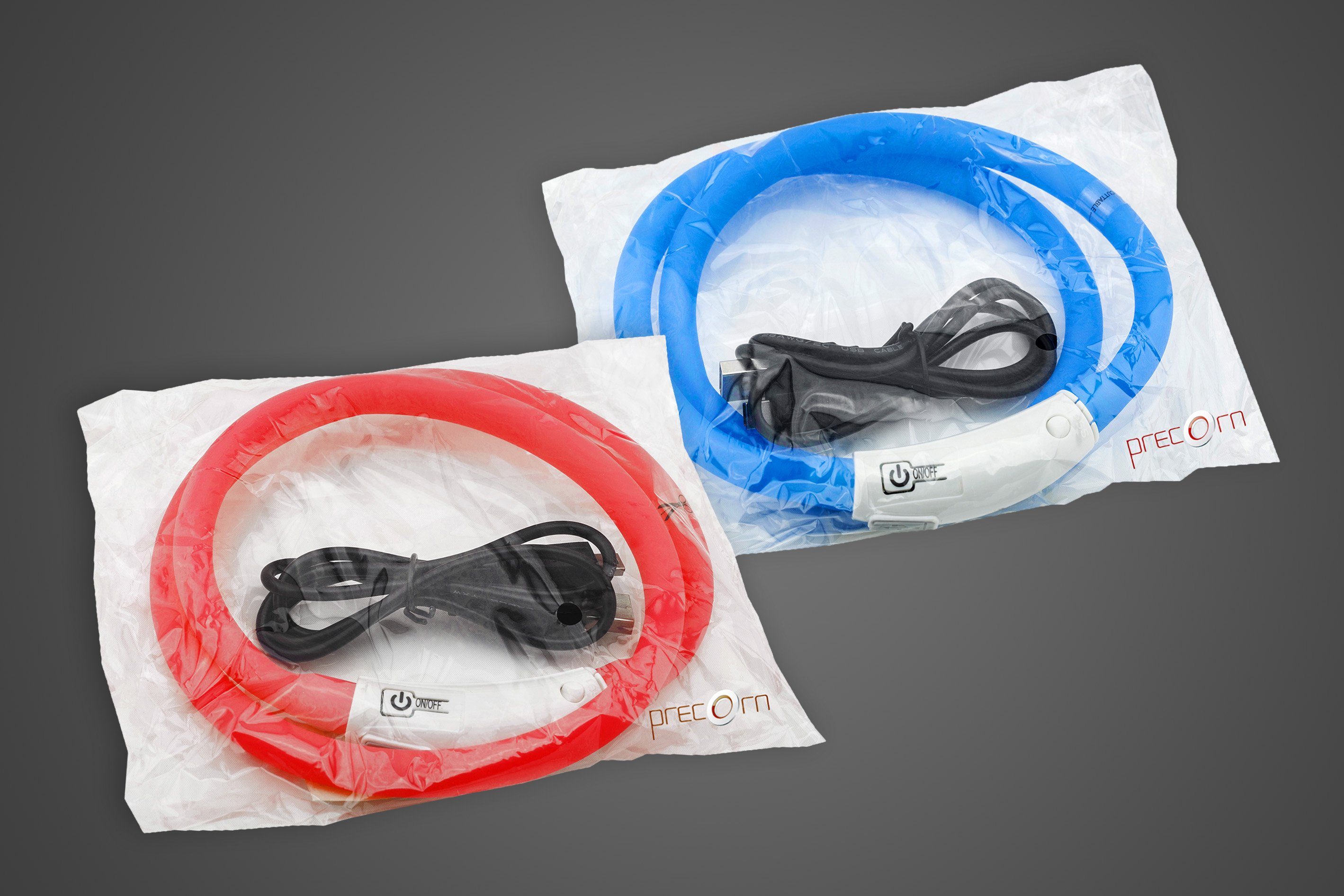 PRECORN Hundehalsbandleuchte LED Silikon Leuchthalsband Sicherheits Hunde-Halsband Set USB Rot/Blau