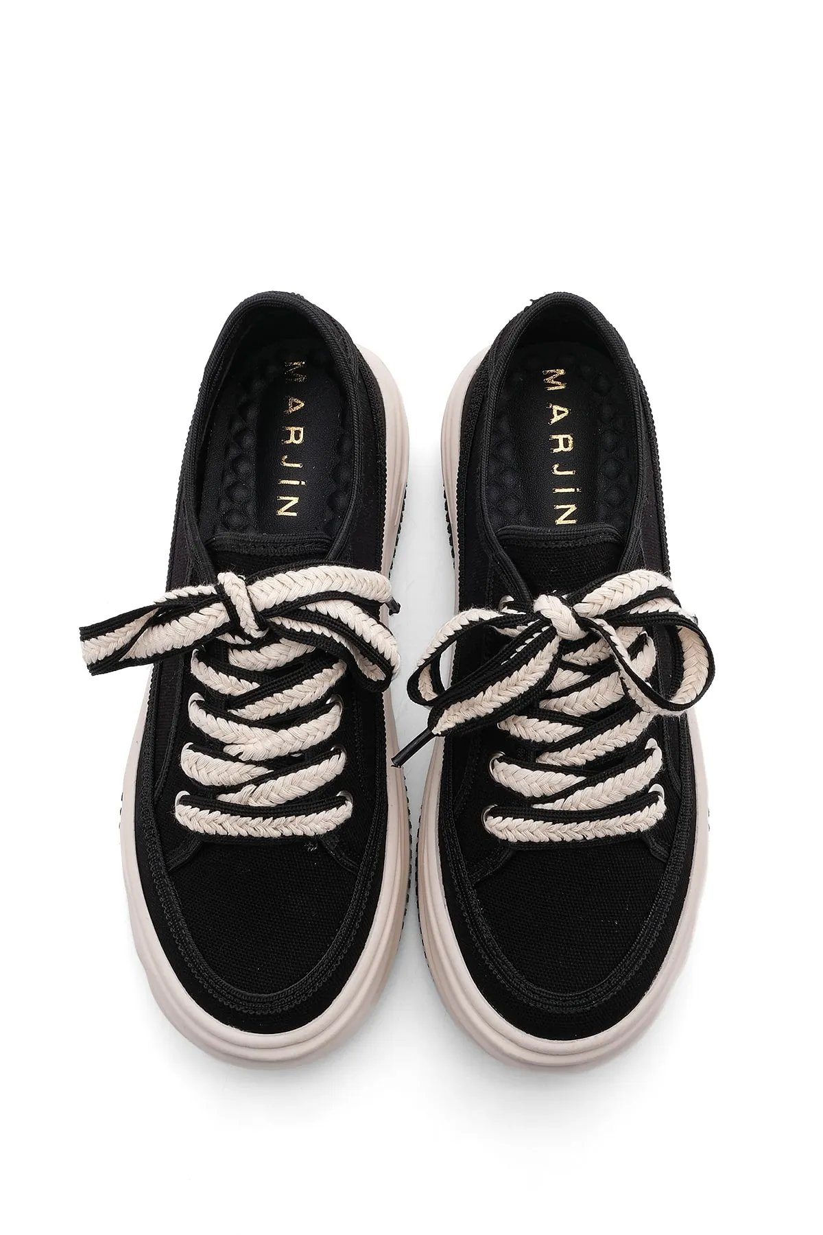 Marjin  Damen Sneaker Hohe Sohle Schnürschuh Stoff Sportschuhe Kotnel schwarz