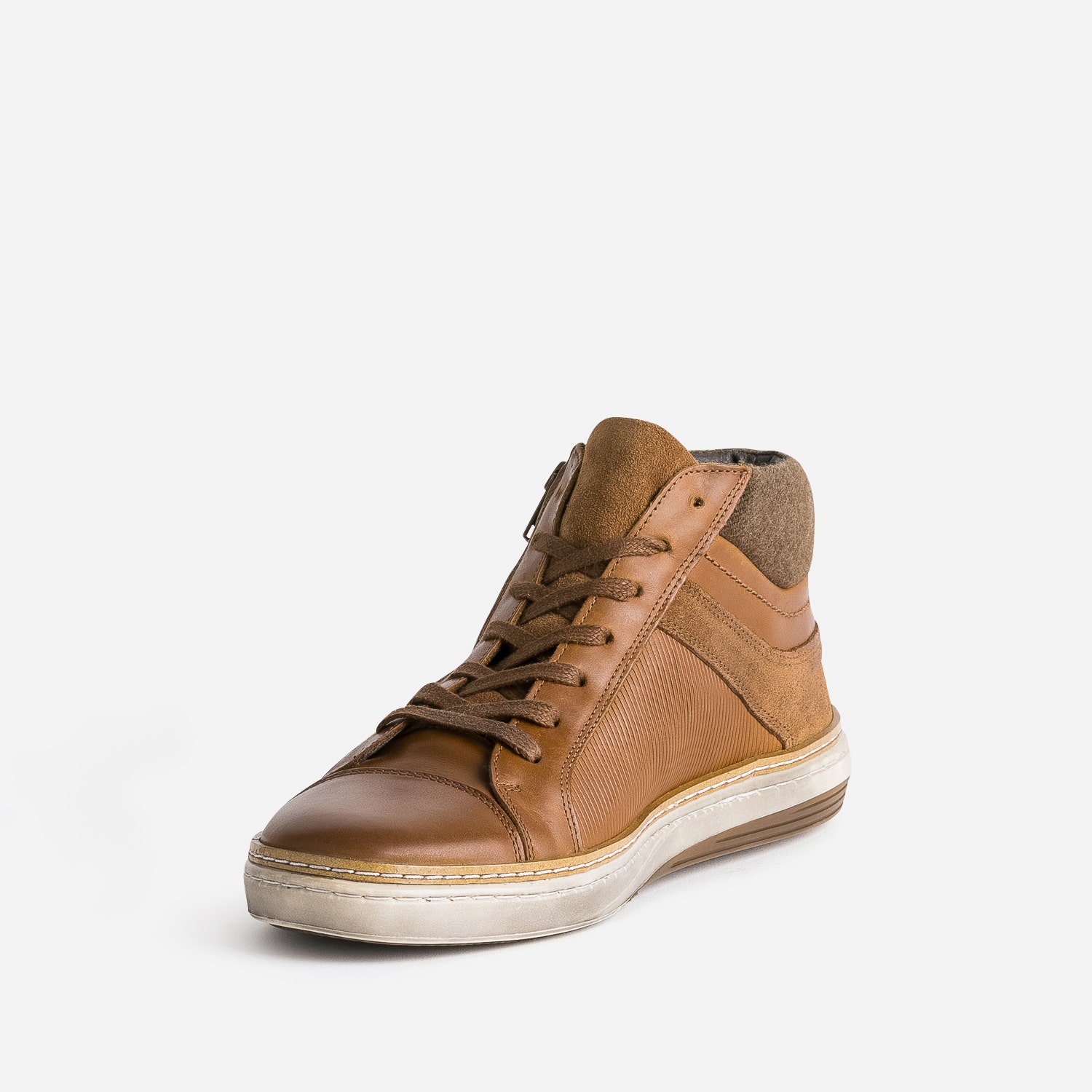 Basket cognac cuir empiècement textile