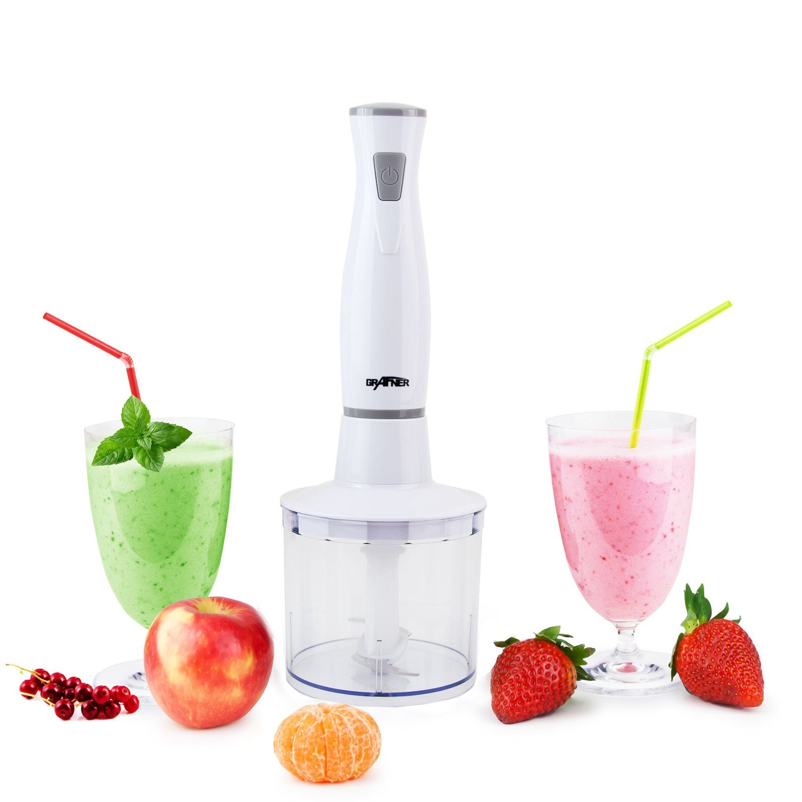 Grafner Stabmixer Stabmixer Set 4 in 1 Stabmixer, Pürierstab und Multi Zerkleinerer, 300 W, 1x Quirlaufsatz, 1x Mixbecher, 1x Pürieraufsatz