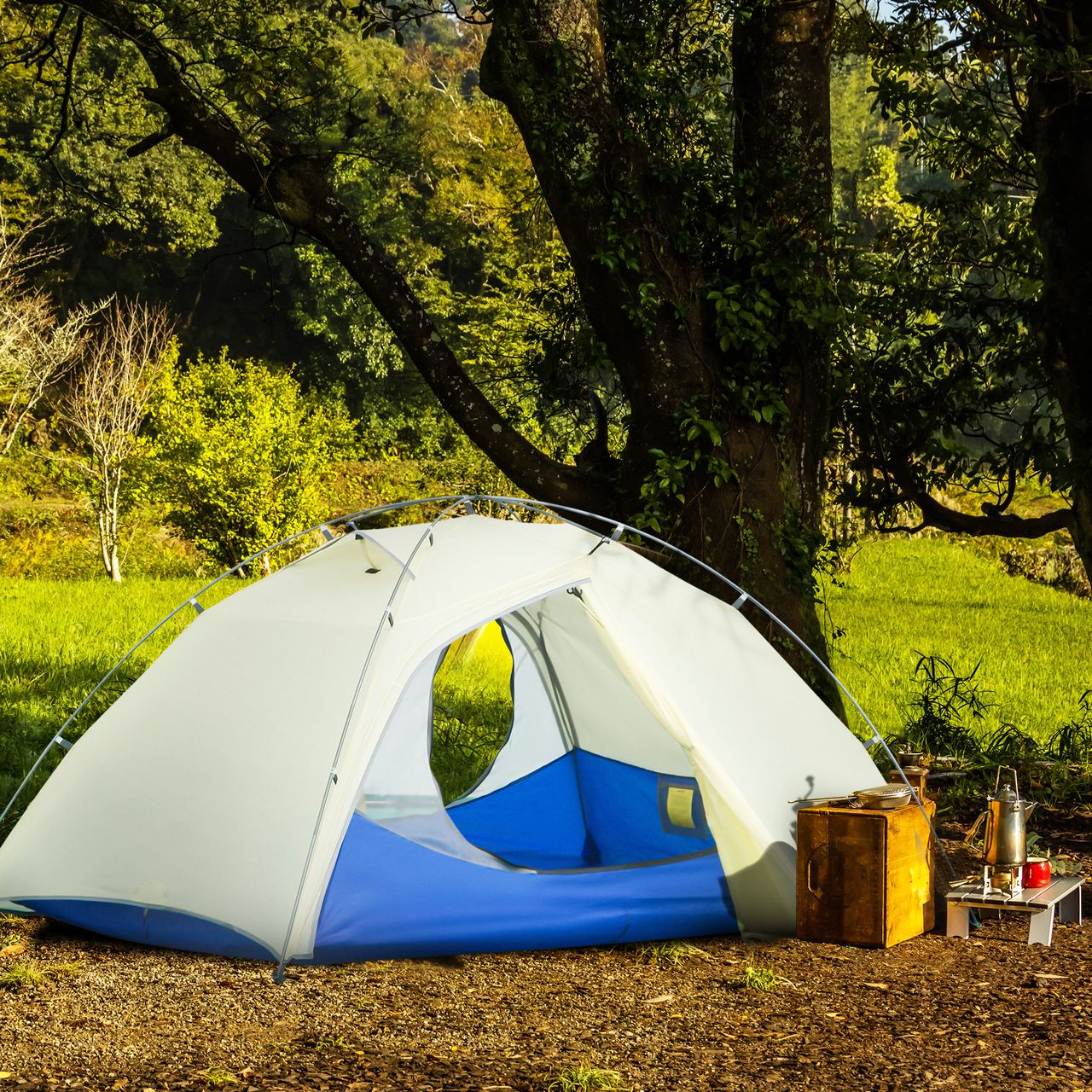 Outsunny Camping Zelt 2 Personen Zelt Kuppelzelt PU3000mm einfache Einrichtung für Trekking Festival leicht Aluminium Nylon Cremeweiß 230 x 140 x 110 cm