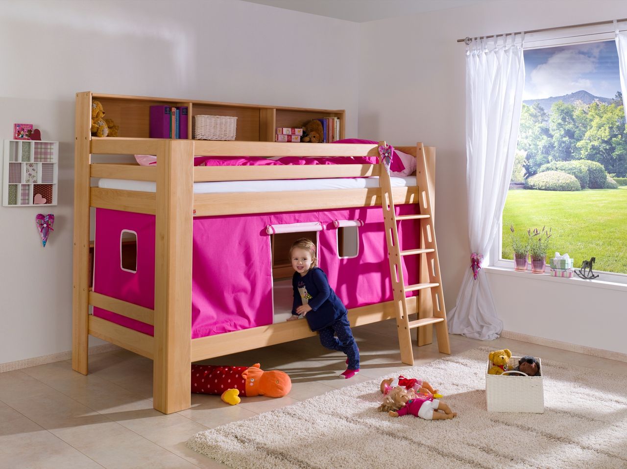 Relita Etagenbett Jan mit Bücherregal und Vorhang pink/rosa