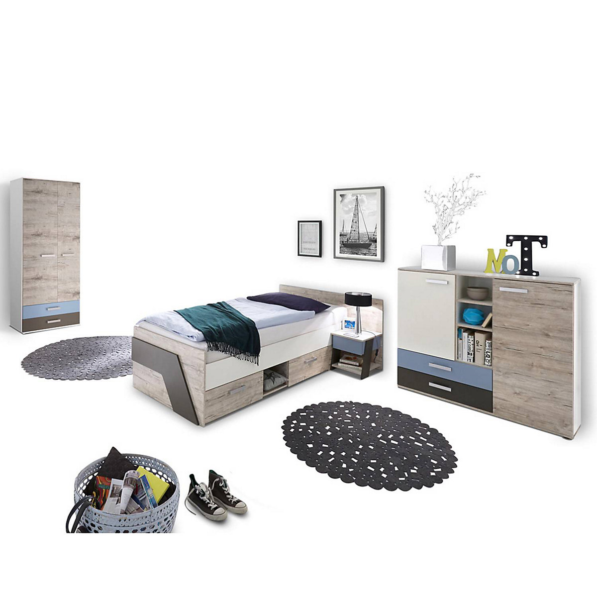Jugendzimmer Set mit 90x200 cm Bett, 4-teilig mit Kleiderschrank LEEDS-10 in Sandeiche Nb. mit weiß, Lava und Denim Blau