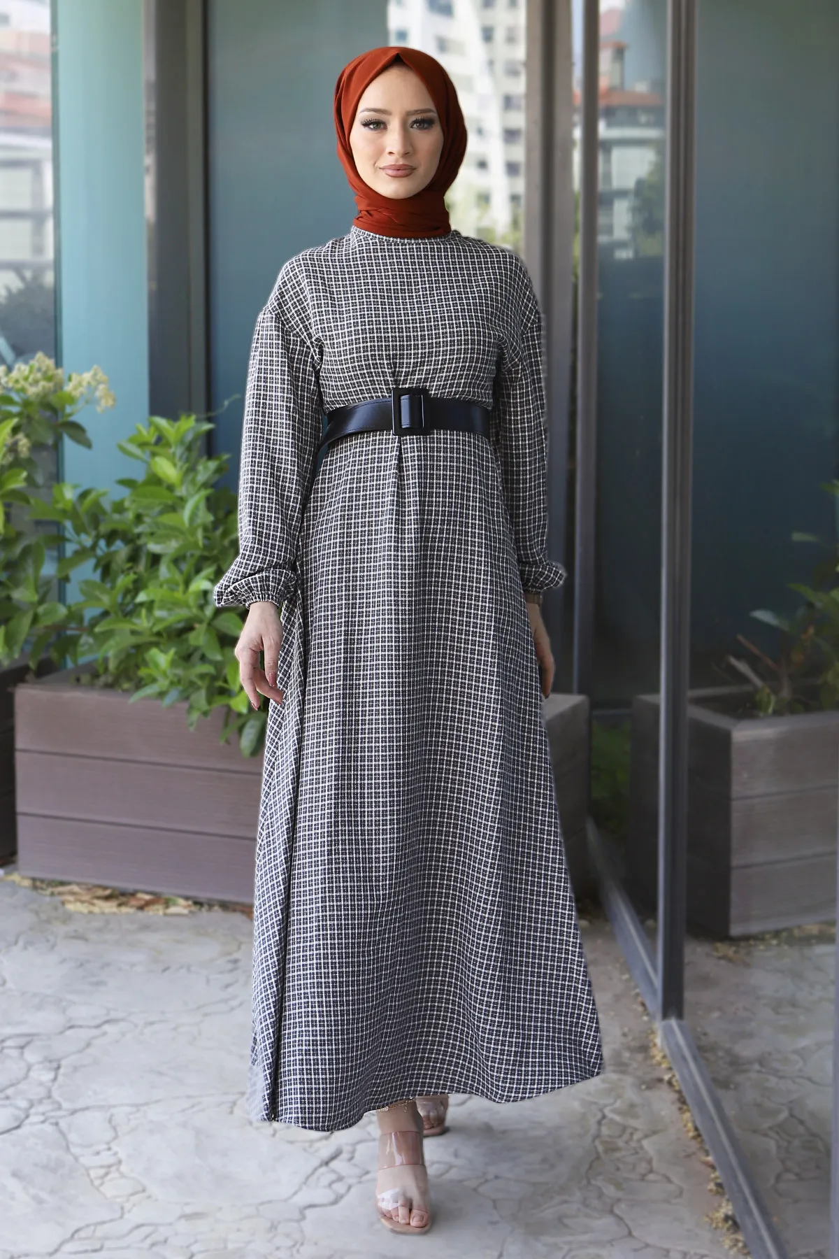 Tesettür Dünyası  Kariertes Kleid Tsd220542 Grau