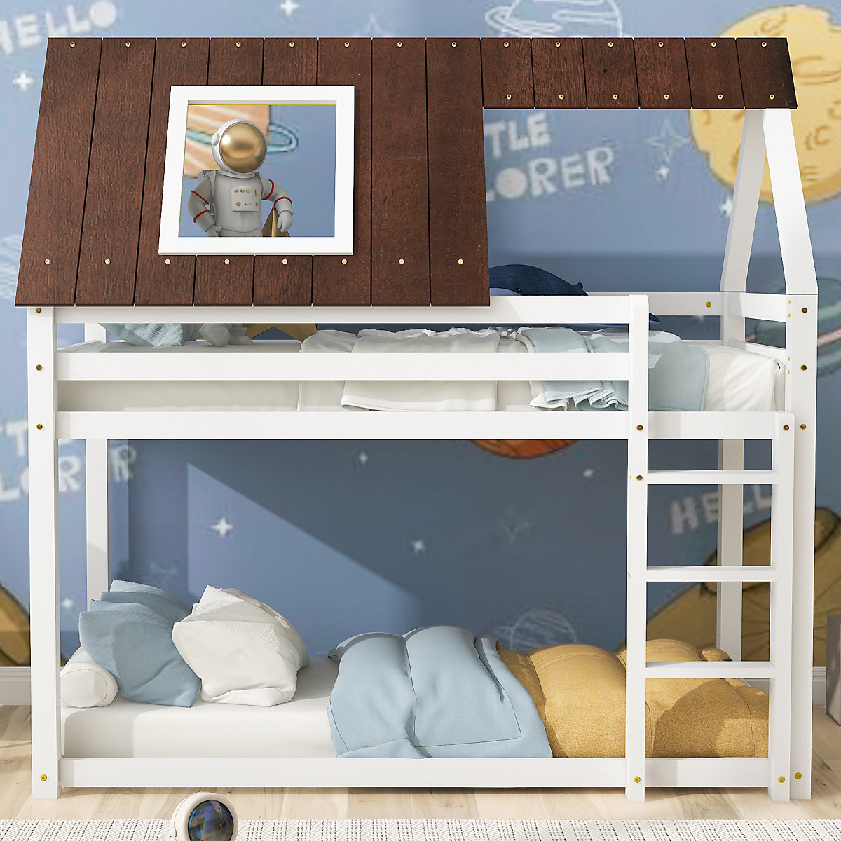 Hausbett Etagenbett mit rechtwinkliger Leiter und Fallschutz, aus Kiefernholz