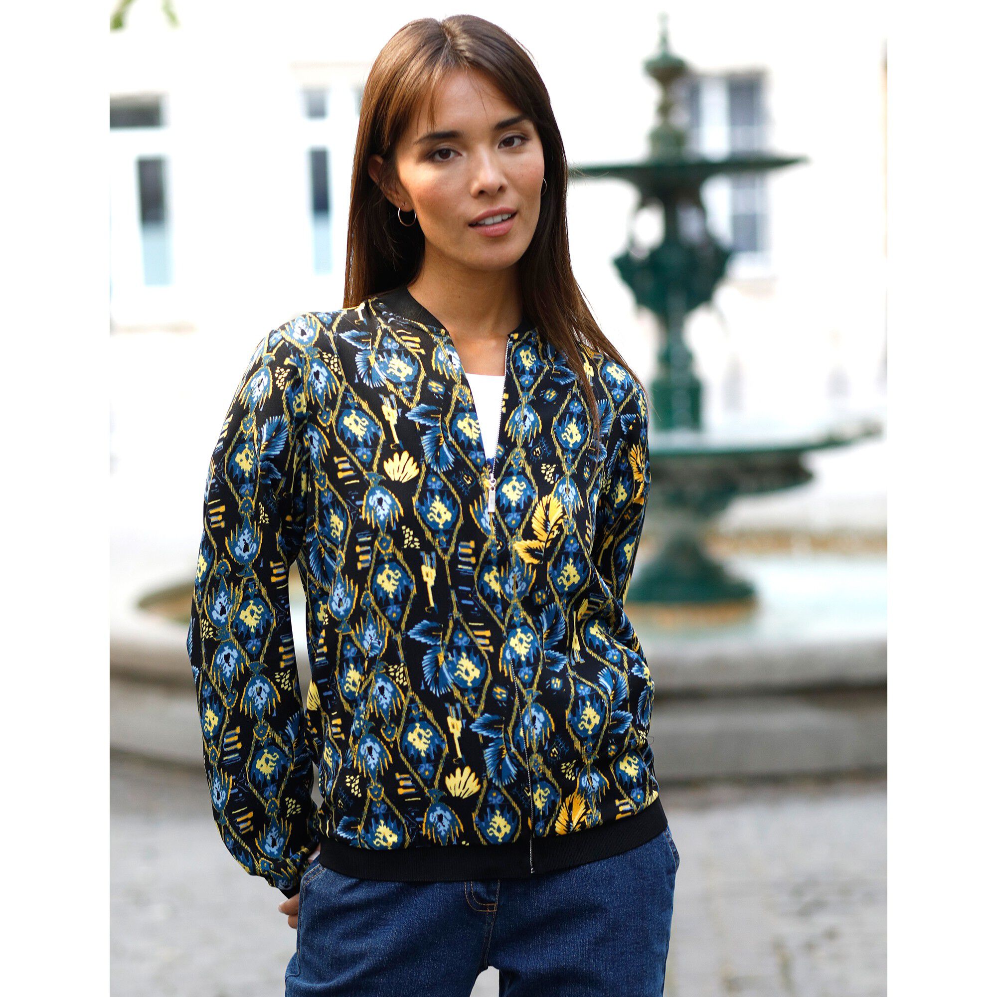 Veste bombers zippée imprimée, crêpe