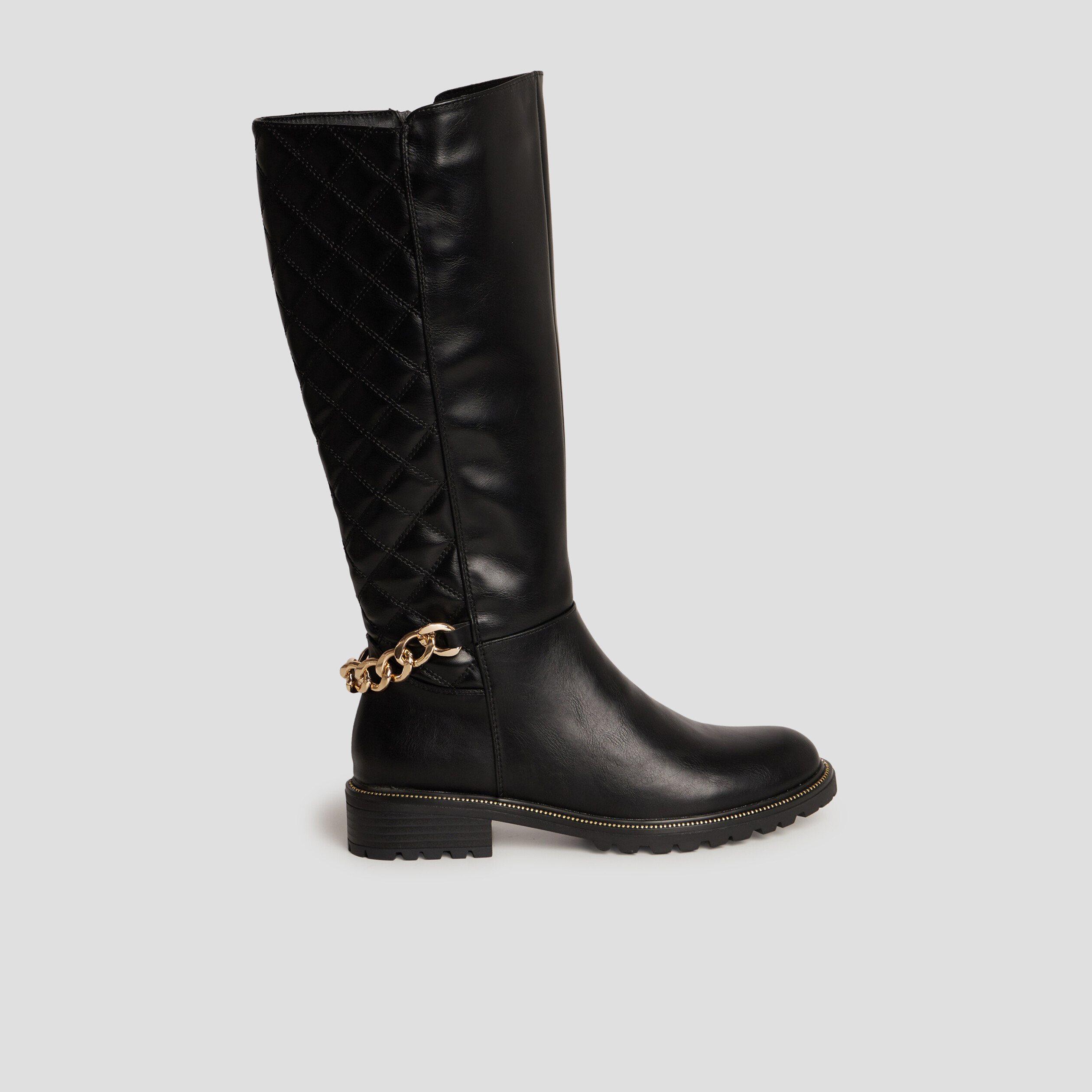 Bottes hautes matelassées avec chaînes noir femme | La Halle