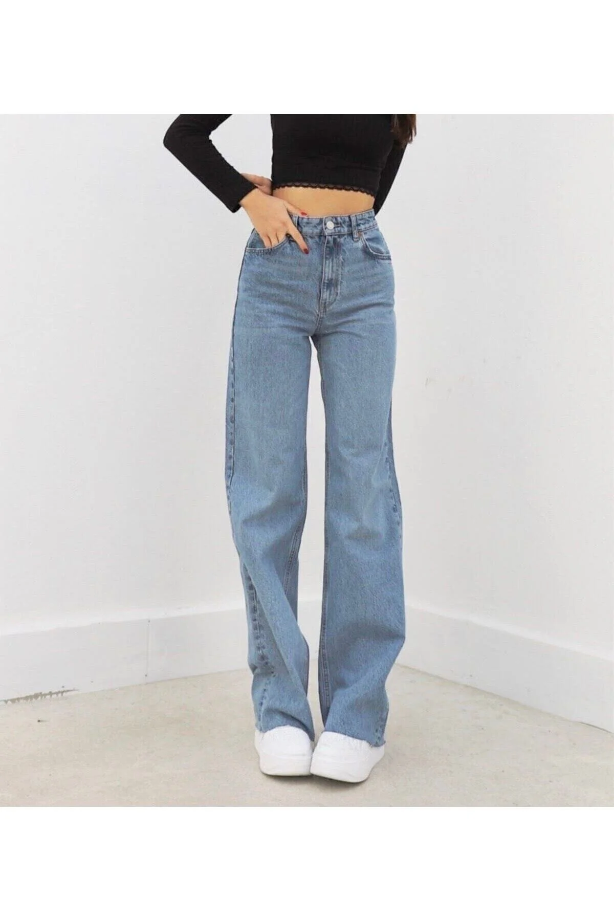 LİMABEL  Snow Wash Loose Denim-Hose Blue Snow Lycra Palazzo