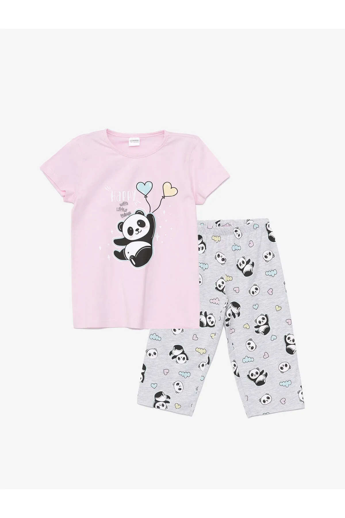 LC Waikiki  Bedrucktes Kurzarm-Pyjama-Set für Mädchen mit Rundhalsausschnitt