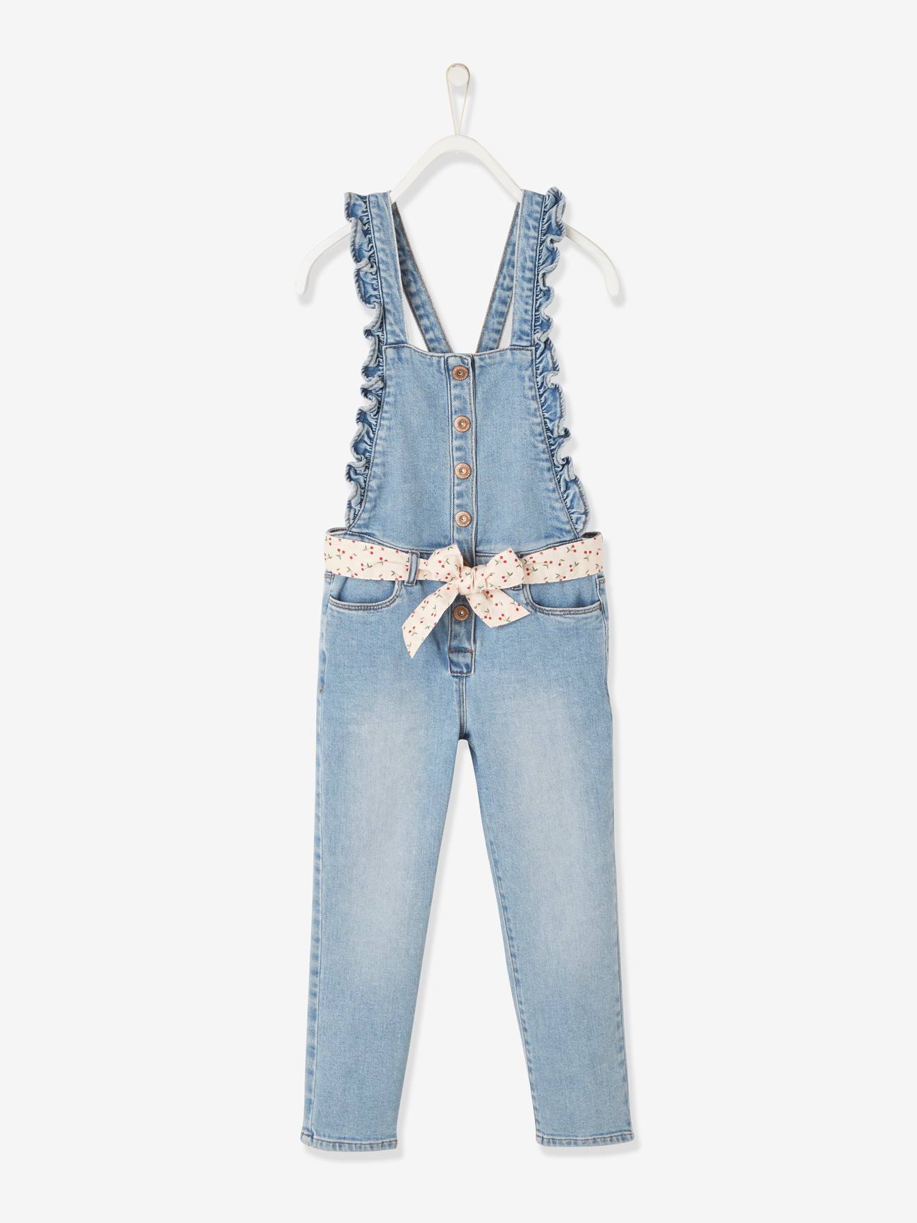Salopette en jean à bretelles volantées fille denim bleached