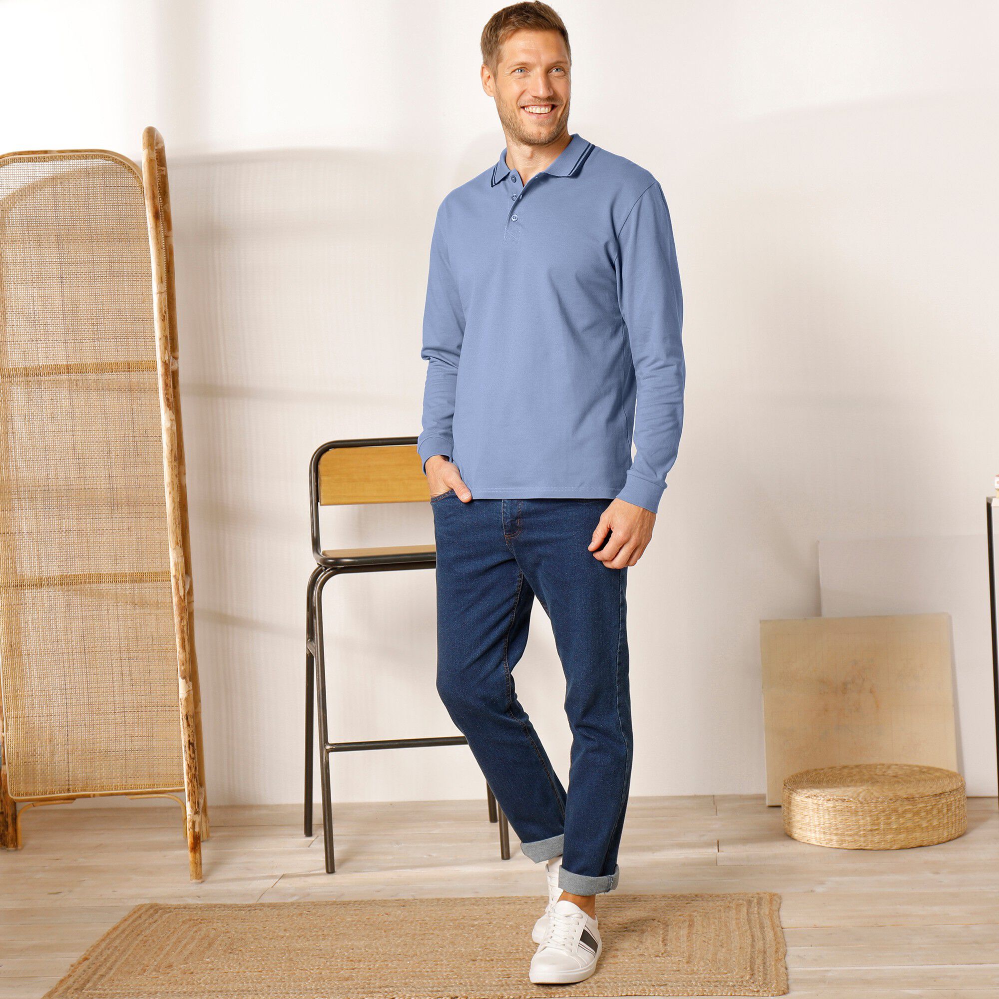 Polo uni maille piquée manches longues
