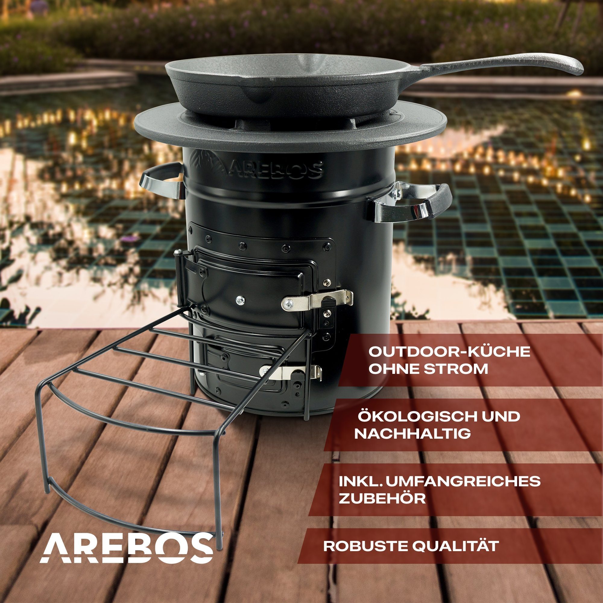 Arebos Feuerstelle Raketenofen inkl. Grillpfanne Dutch Oven BBQ, (Stück, Set)