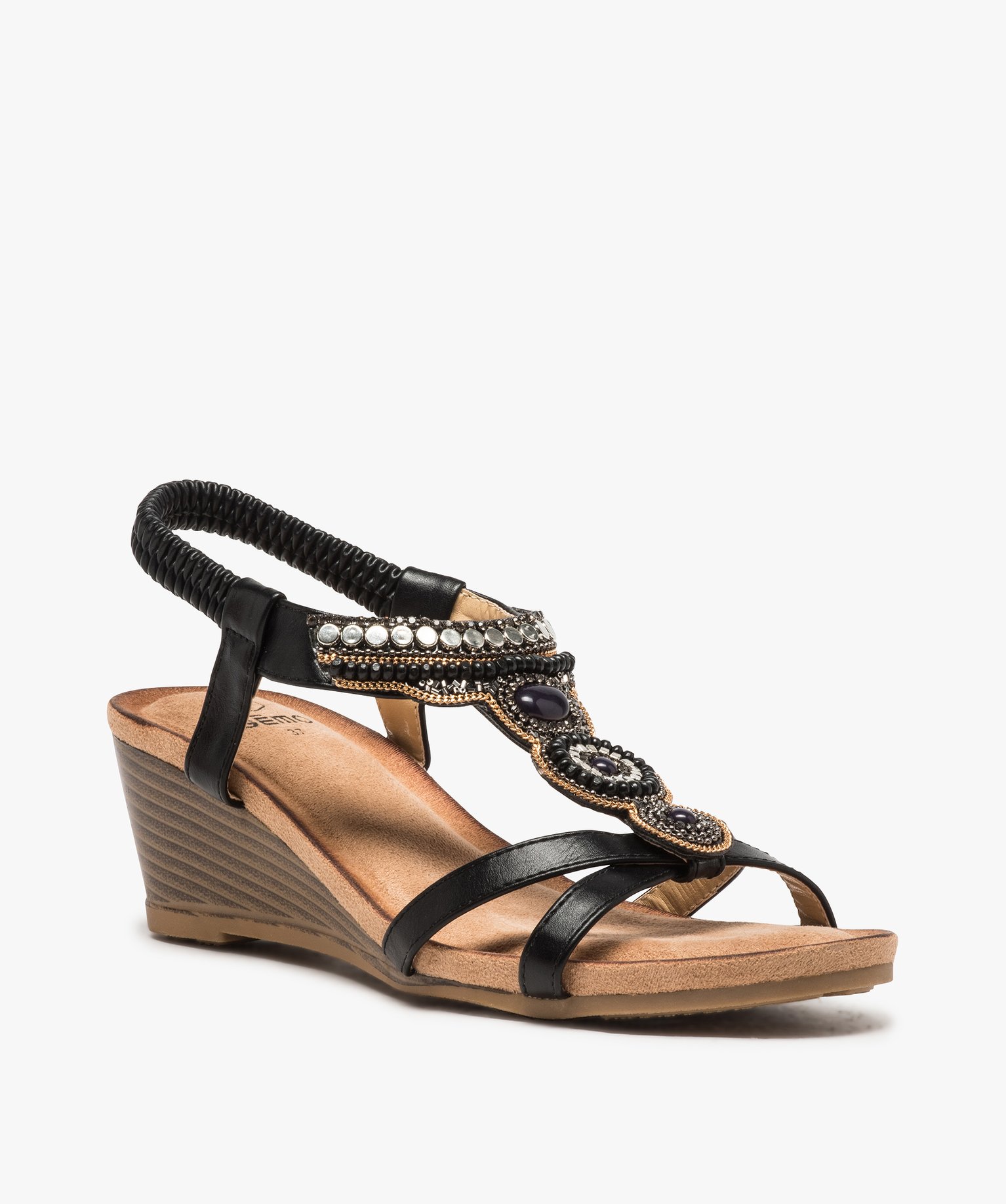 Sandales femme à brides élastiques ornées de perles noir | GEMO