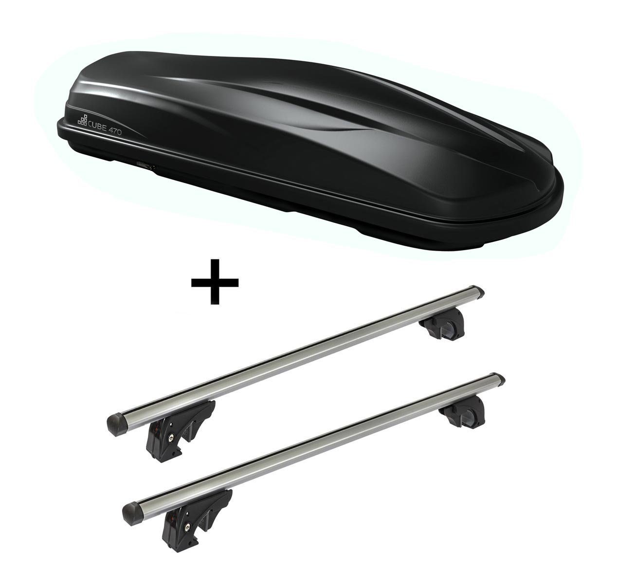 VDP Dachbox, (Für Ihren Volkswagen Sharan (7N) (5 Türer) ab 10, Dachbox und Dachträger im Set), Dachbox/Gepäckbox CUBE470 + Dachträger/Relingträger VDPLION2 kompatibel mit Volkswagen Sharan (7N) (5 Türer) ab 10