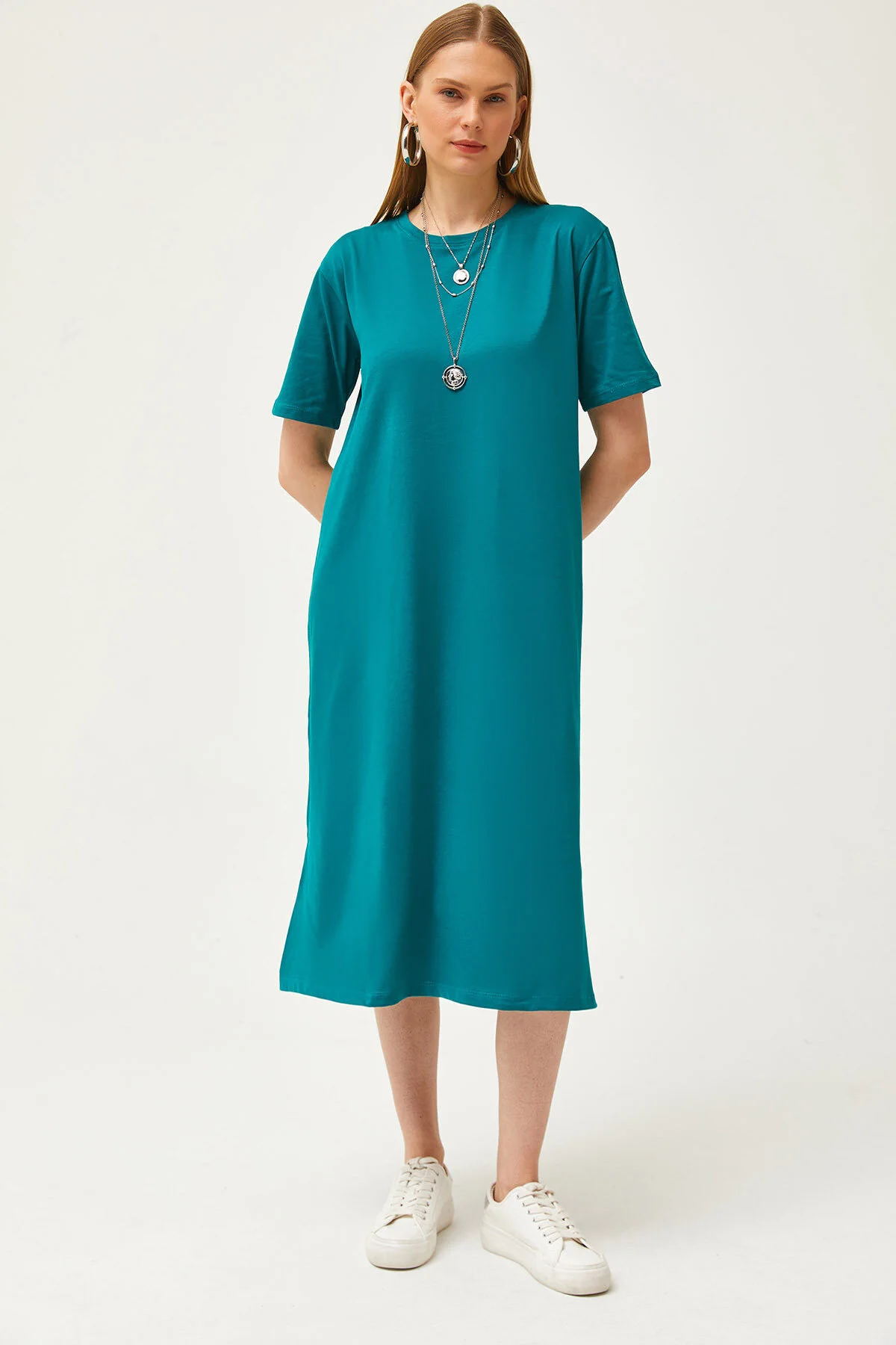 Olalook  Smaragdgrünes, übergroßes Baumwollkleid mit Seitenschlitz für Damen ELB-19001880