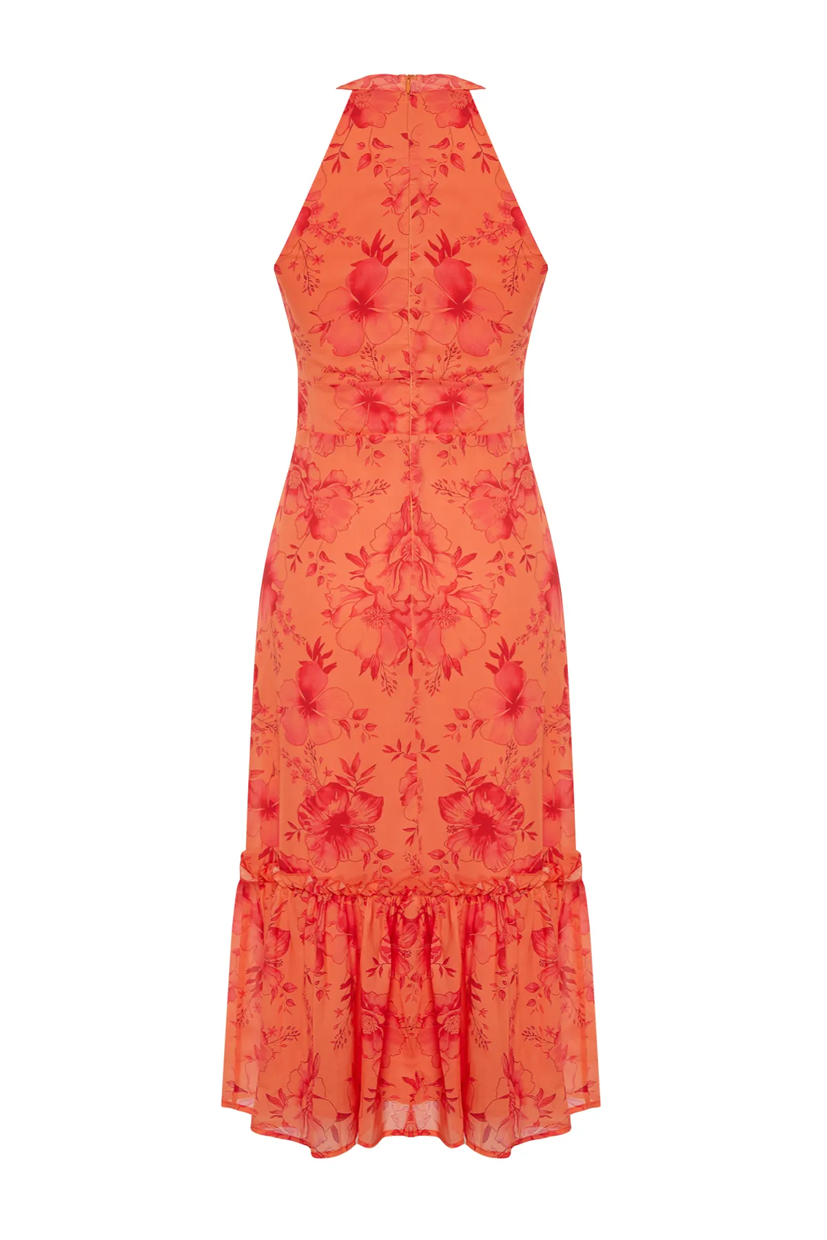 Trendyol Collection  Orangefarbenes, gewebtes Kleid mit A-Ausschnitt und Neckholder-Midi-Chiffon-Futter und Blumendruck TWOSS19LJ0200