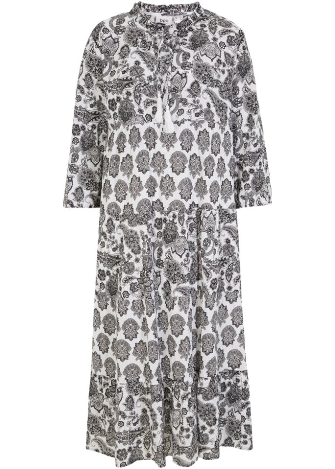 Crincle- Baumwollmidikleid mit Taschen und 3/4- Arm