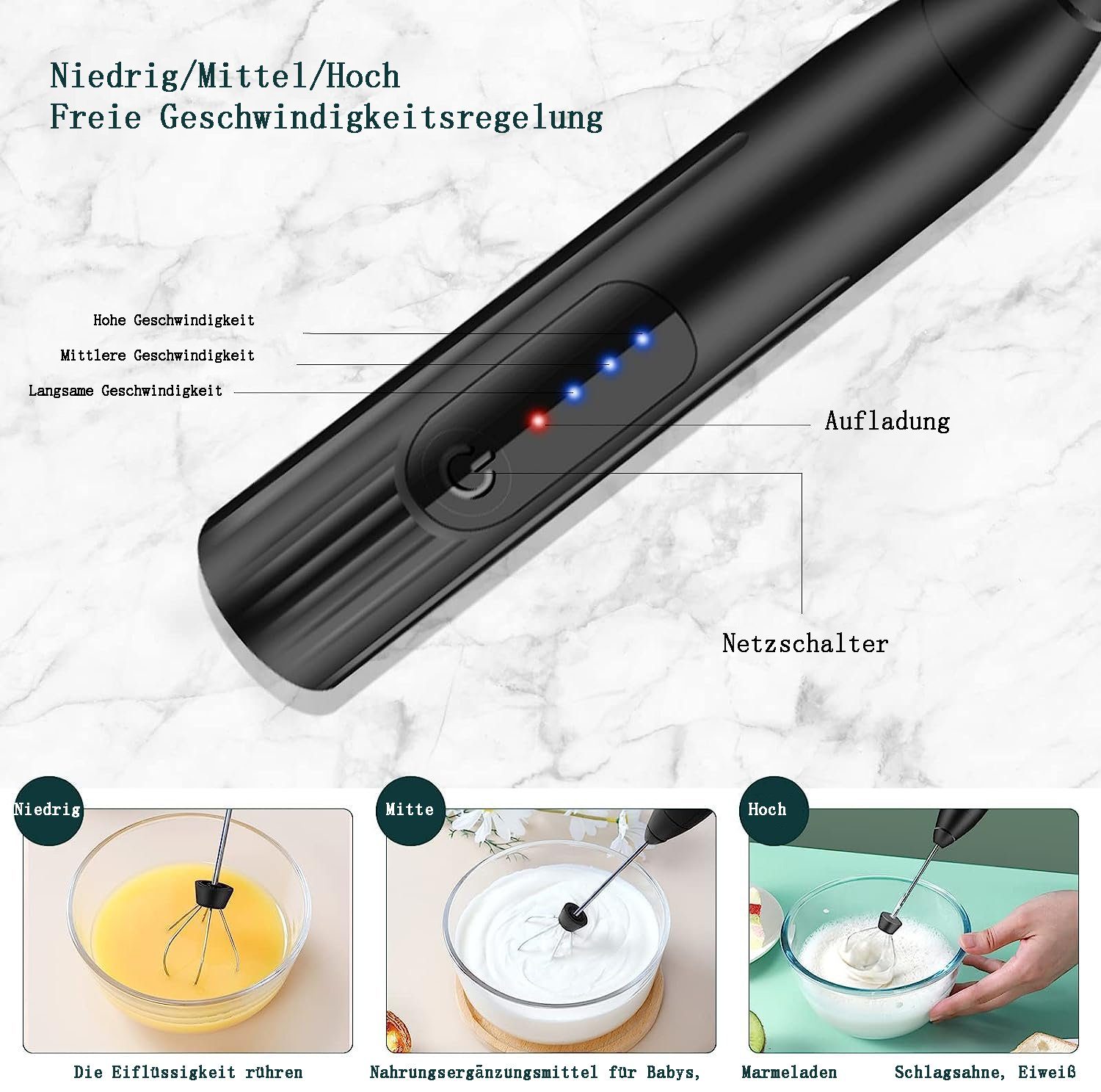 flowgoer Milchaufschäumer Elektrischer Milchaufschäumer-Stick, wiederaufladbar über USB, Elektromixer mit wiederaufladbarem USB, 3-fach verstellbar, Edelstahl