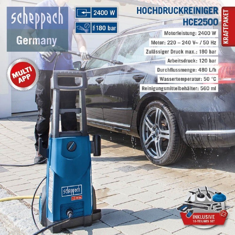 Scheppach Hochdruckreiniger Hochdruckreiniger HCE2500 SE inkl.10-teiliges Set, (10 tlg), Ideal für den mobilen Einsatz