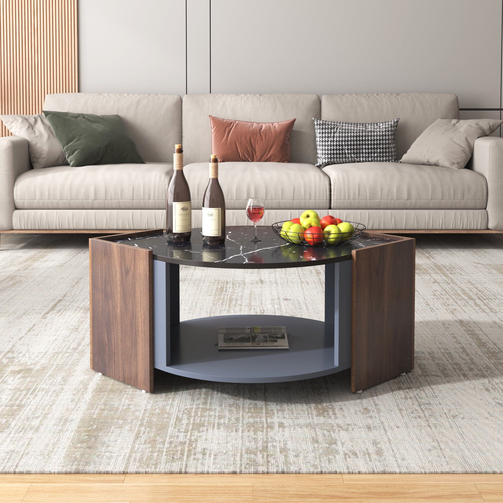 BlingBin Couchtisch Wohnzimmertisch (1-St., aus Marmor und Walnuss), Mit einem großen offenen Lagerraum