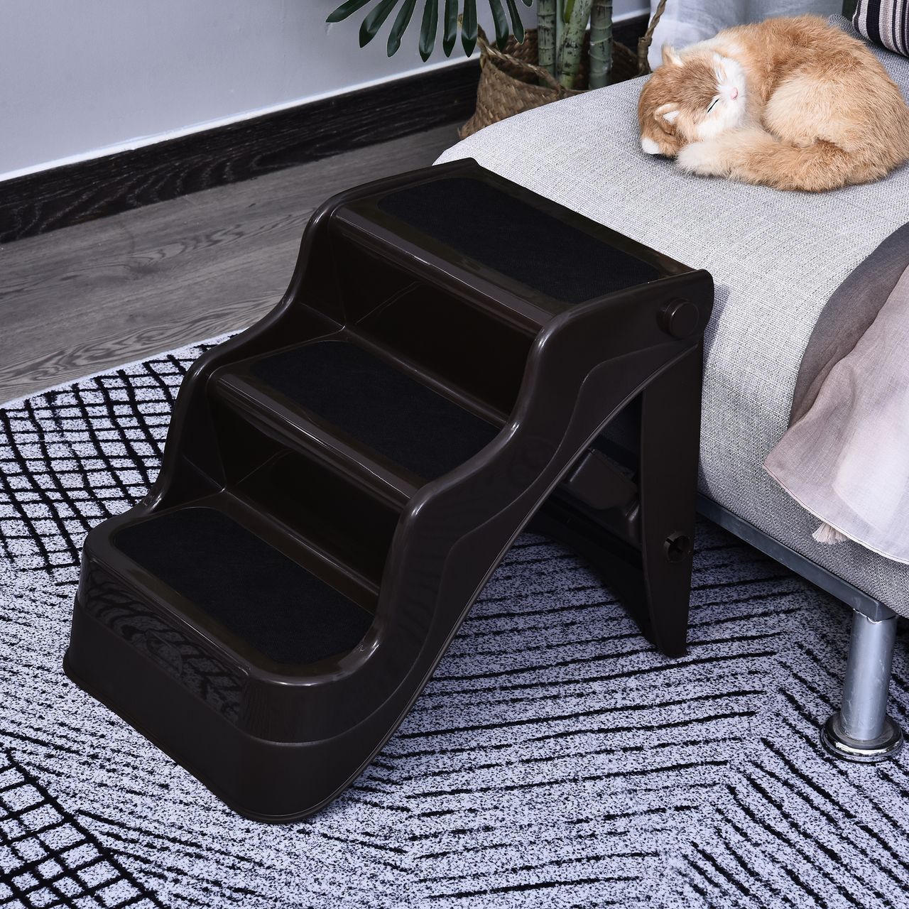 PawHut Hundetreppe Katzentreppe Haustiertreppe mit 3 Stufen klappbar, Kunststoff, Dunkelbraun, 39x49x39cm