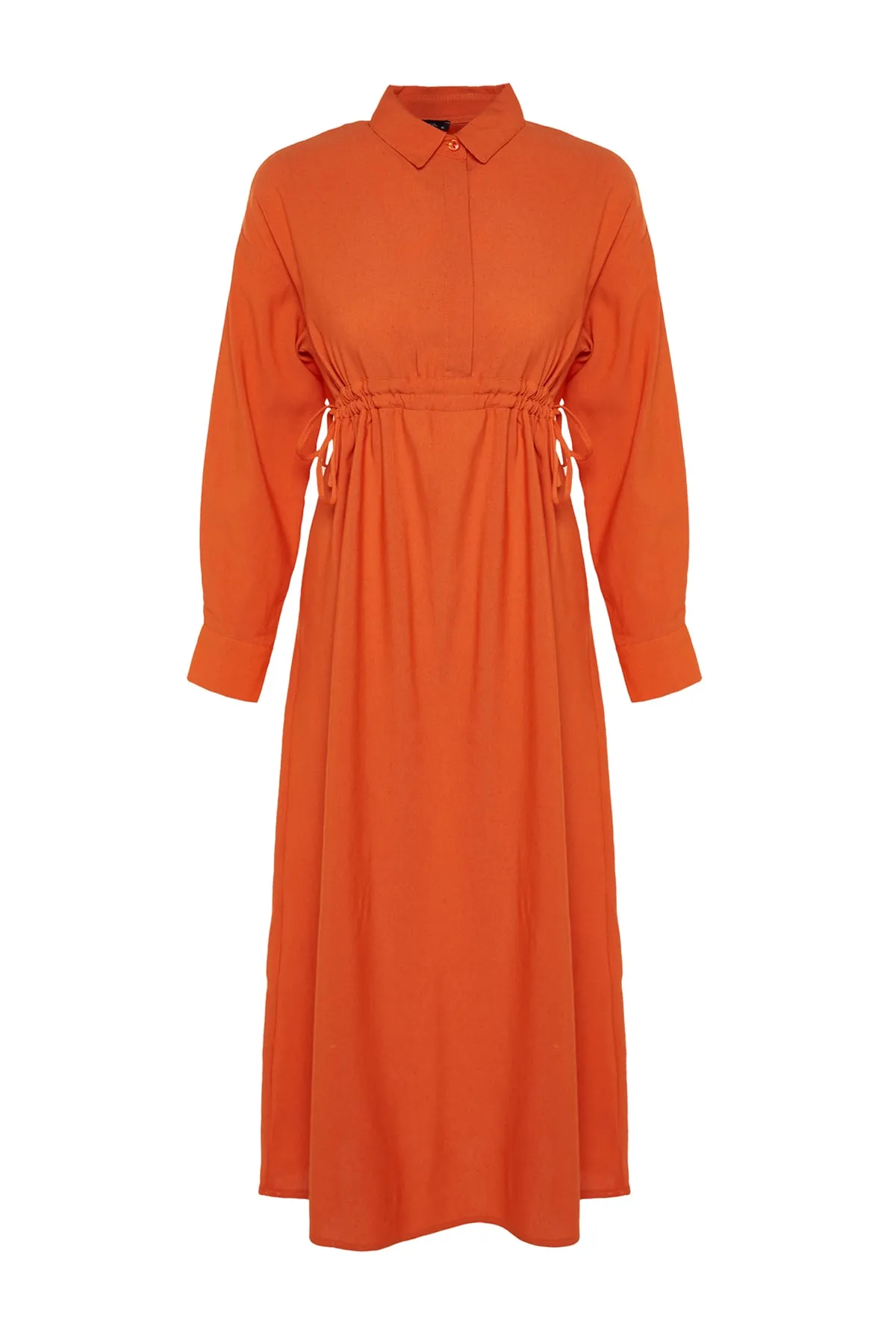 Trendyol Modest  Orangefarbenes Kleid aus Leinenmischung mit halber Knopfleiste und Raffung TCTSS23EB00274
