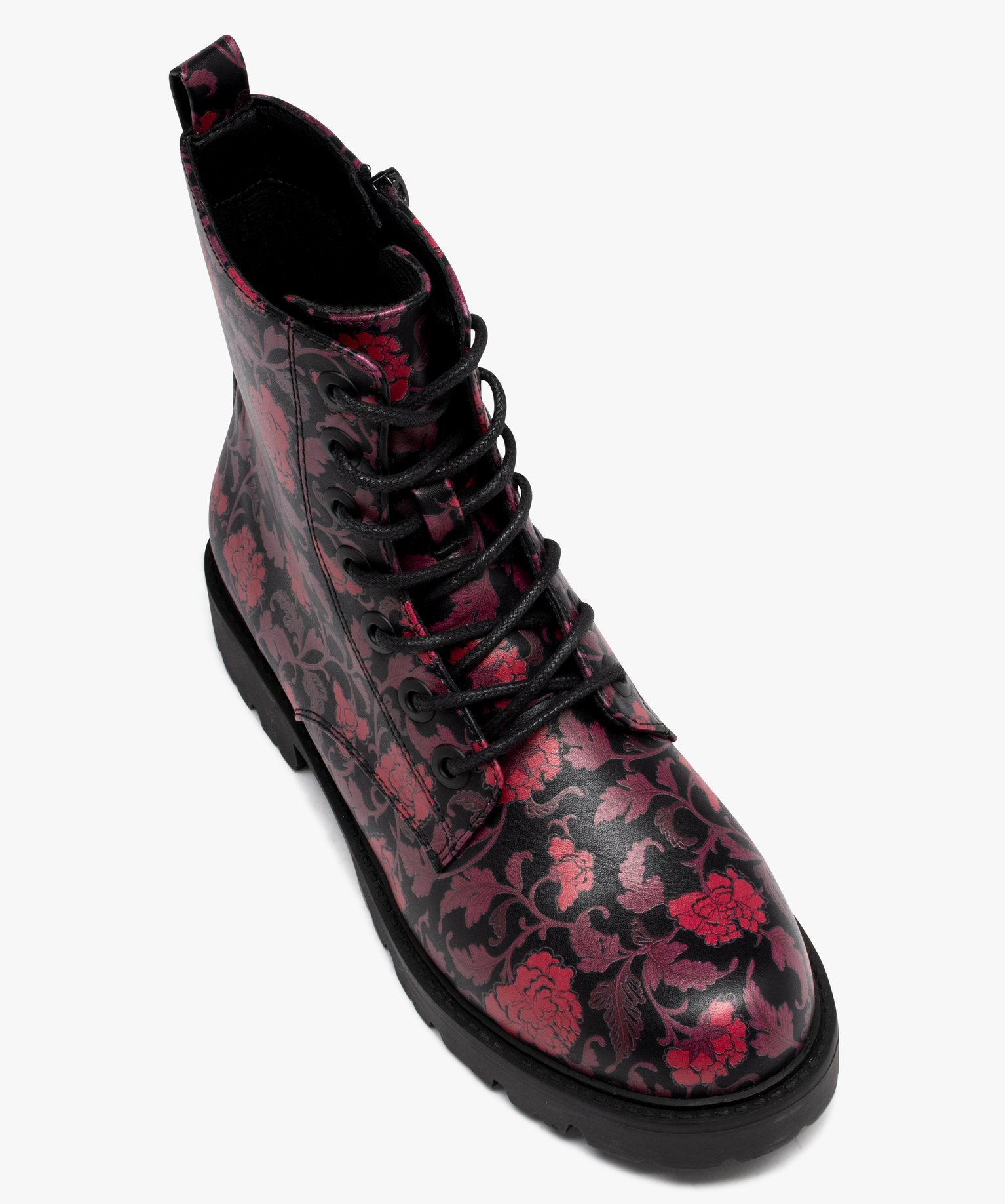 Boots femme mid-cut dessus uni verni à lacets colorés noir | GEMO