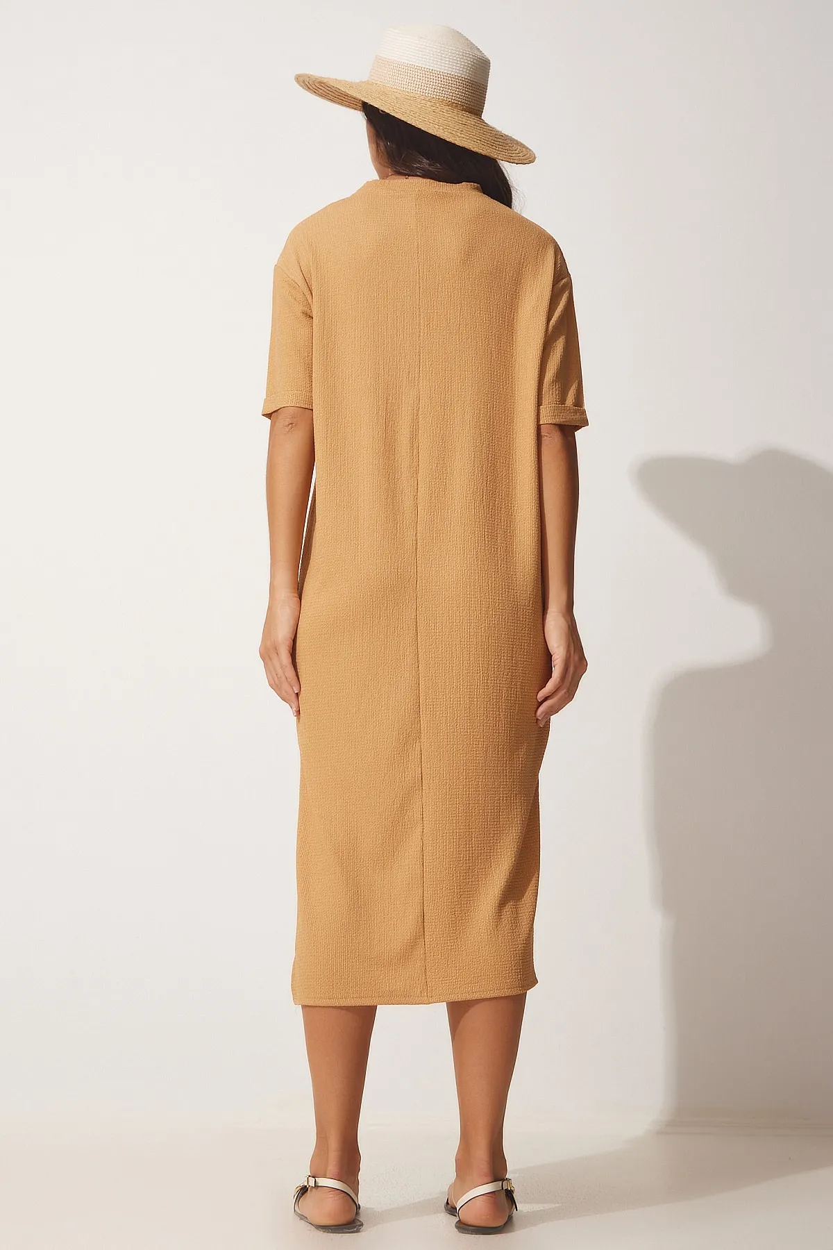 Happiness İstanbul  Biscuit Textured Daily Midi-Strickkleid für Damen LH00037