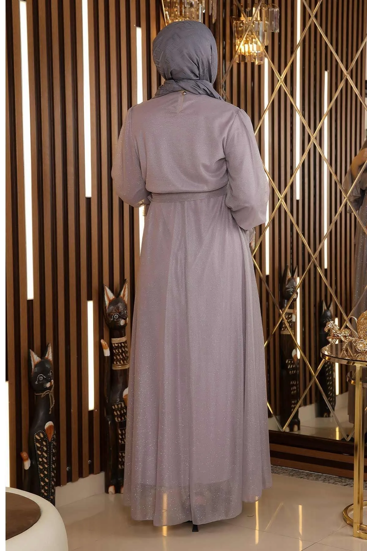 Modamihram  Abendkleid aus Chiffon mit Steindetail und Glitzer, Grau 19113