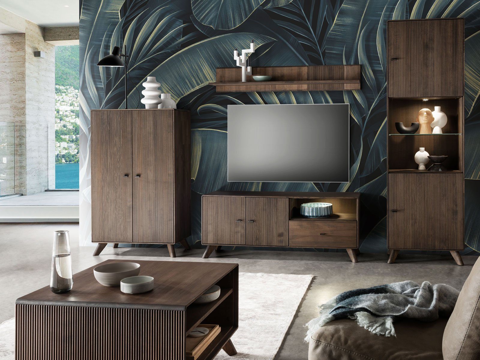 Casamia Highboard Vitrine Standvitrine Massivholz 65x209cm Varese Kernbuche braun