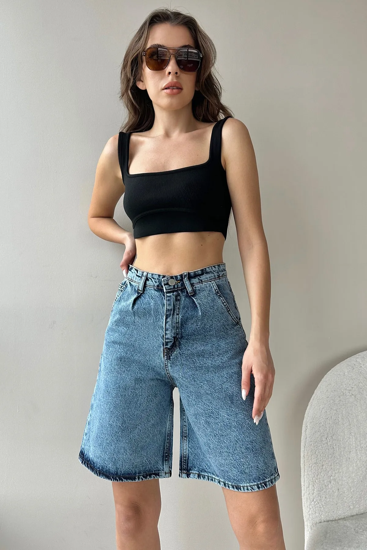 Trend Alaçatı Stili  Shorts - Blau - Hoher Bund