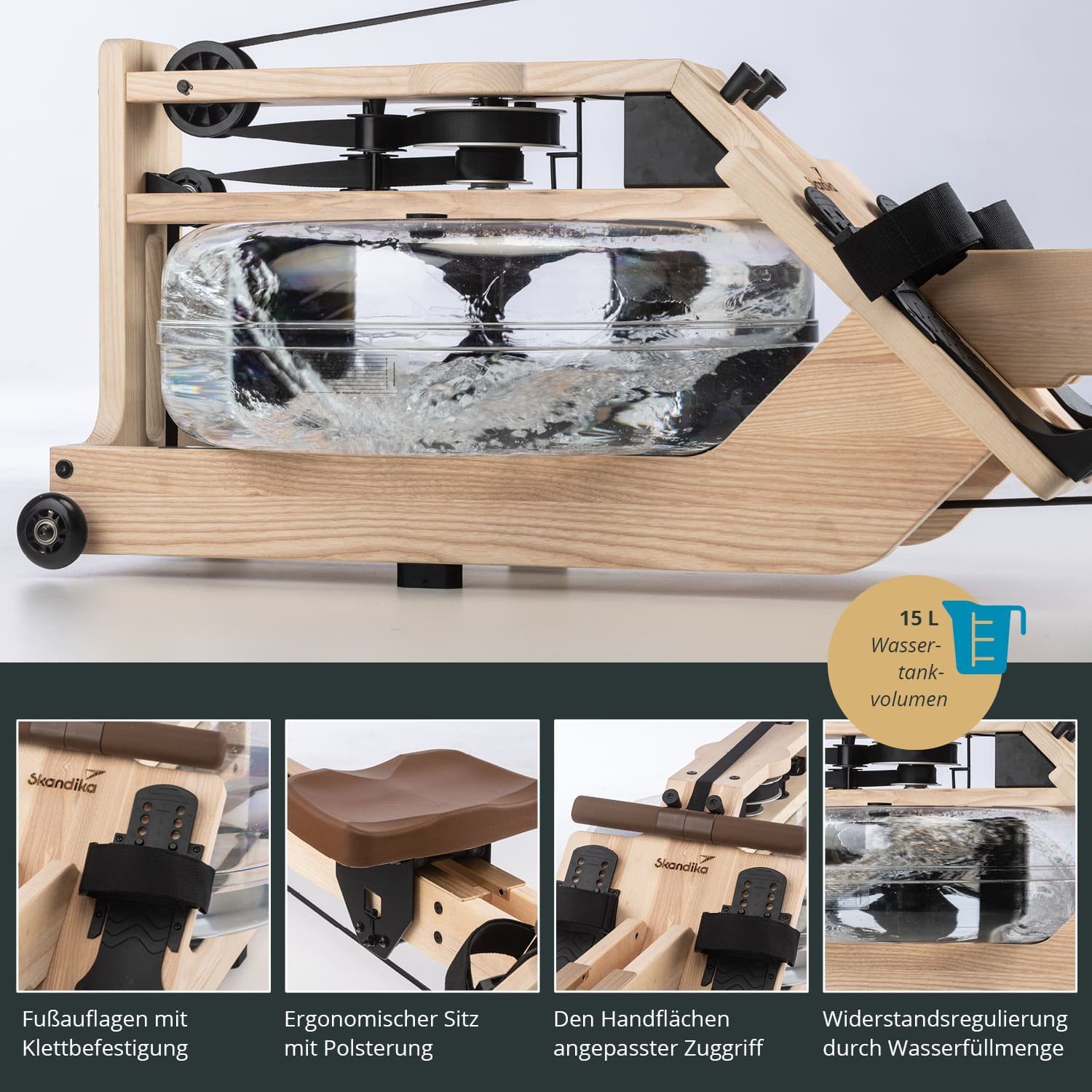 Skandika Rudergerät SKANDIKA Styrke (arktisweiß/braun), Rudergerät Wasser aus Holz, Wasserrudergerät für Zuhause, Esche