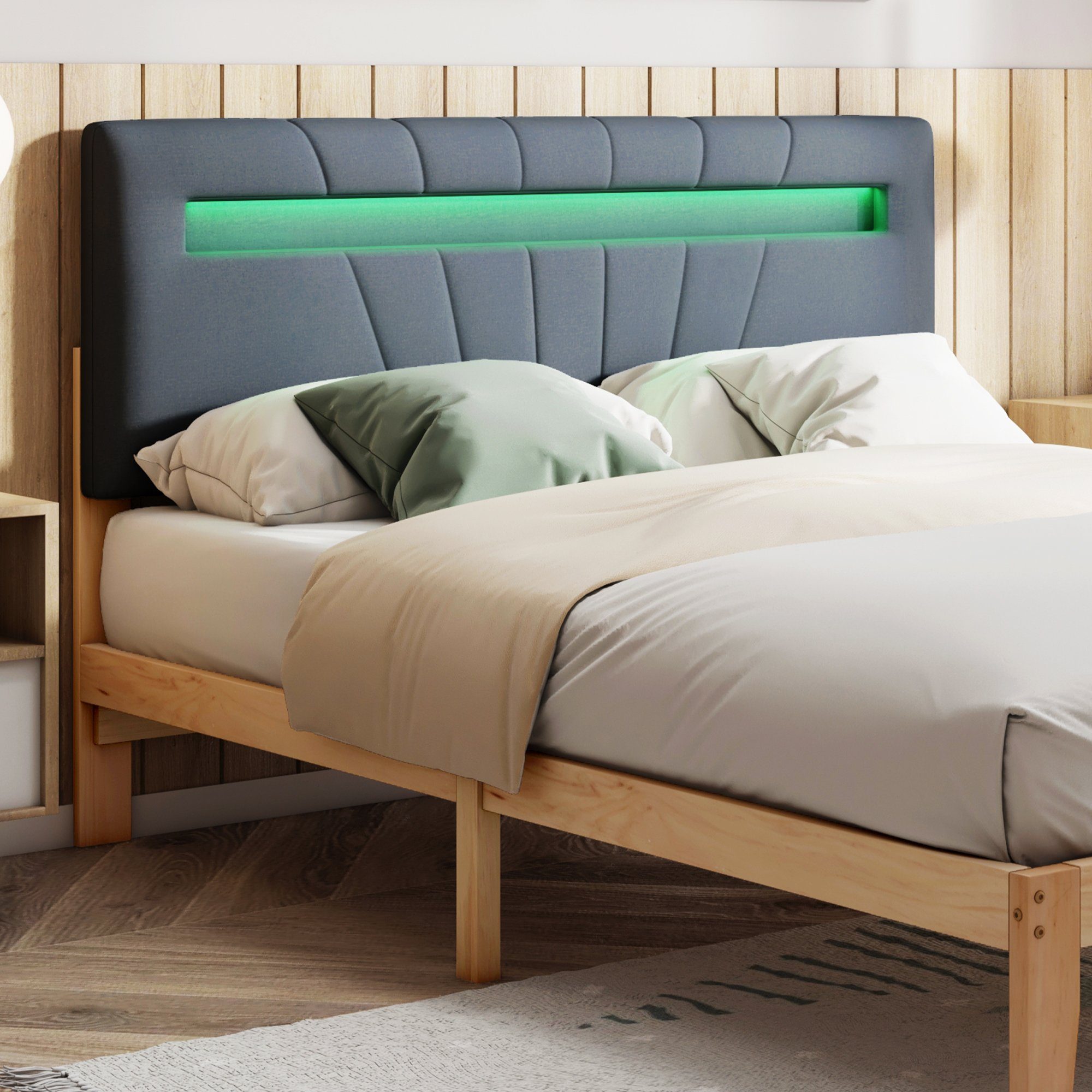 HAUSS SPLOE Holzbett Doppelbett Holzbett Bettrahmen Kinderbett Polsterbett (aus Massivholz Mit Matratze, mit LED-Lichtleiste 140x200 cm)