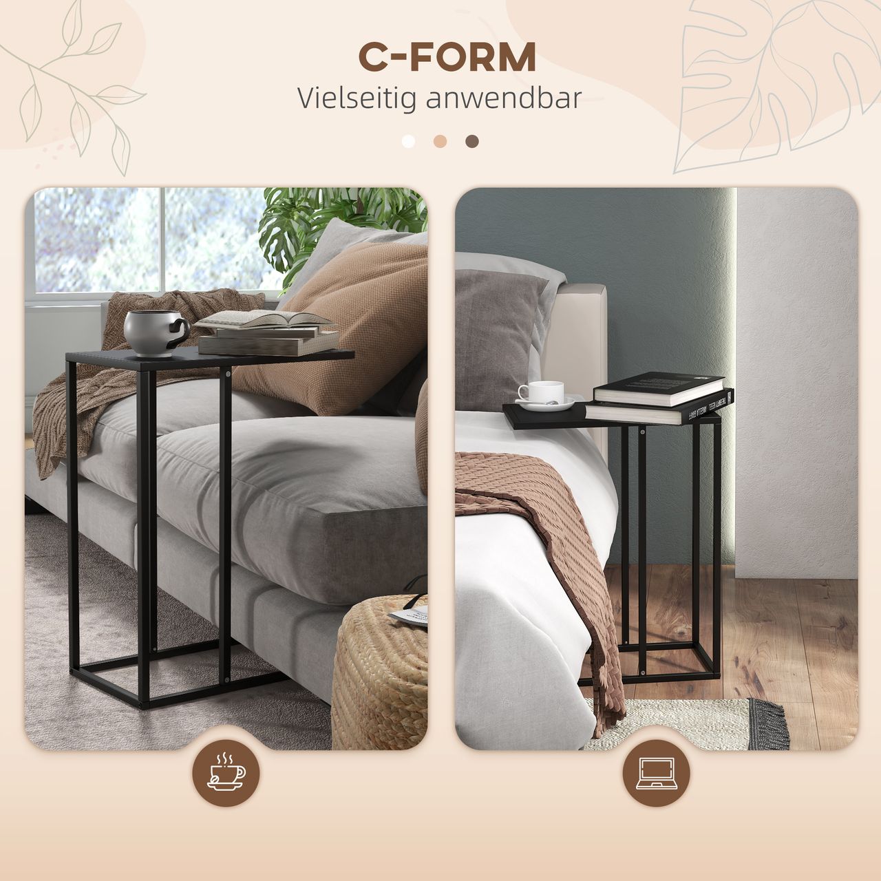 HOMCOM Beistelltisch Couchtisch in C-Form, Sofatisch Nachttisch mit Stahlgestell
