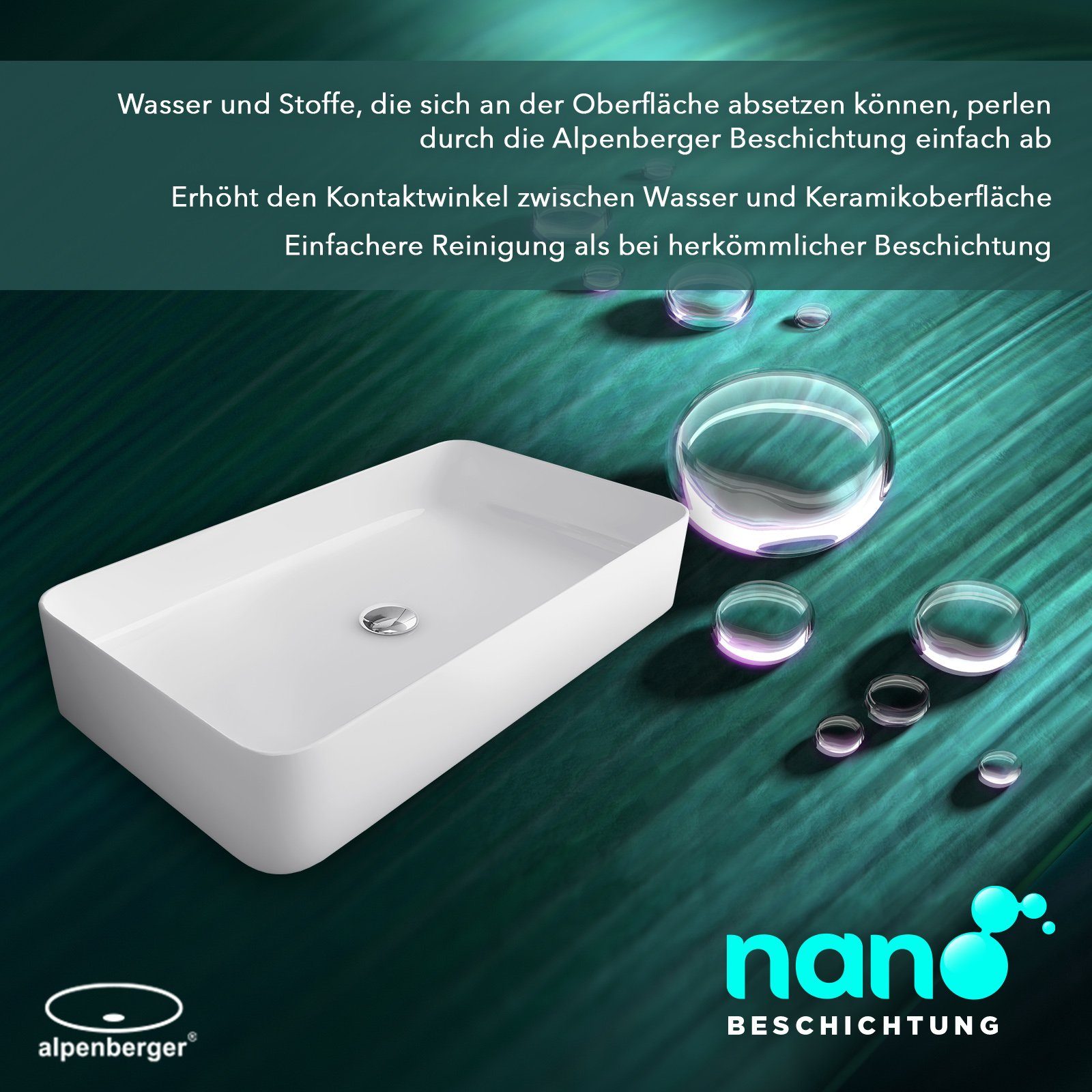 Alpenberger Aufsatzwaschbecken Keramik Waschbecken 60 cm Breit mit Nano (1-tlg., Aufsatzwaschtisch), eckiger Waschtisch mit Lotus Effekt, hygienisch und elegant