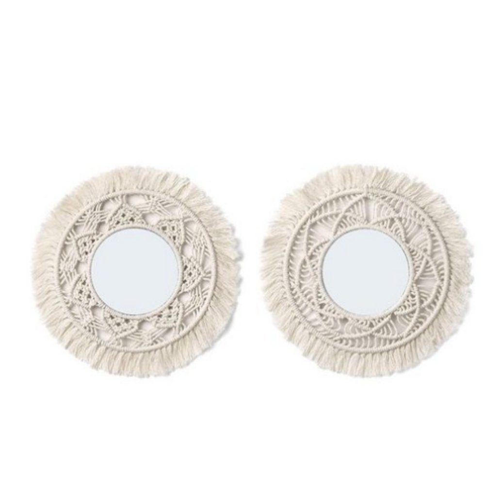Wandteppich Wandspiegel mit Makramee-Rand 2er-Set dekorative Boho-antike Spiegel, EBUY