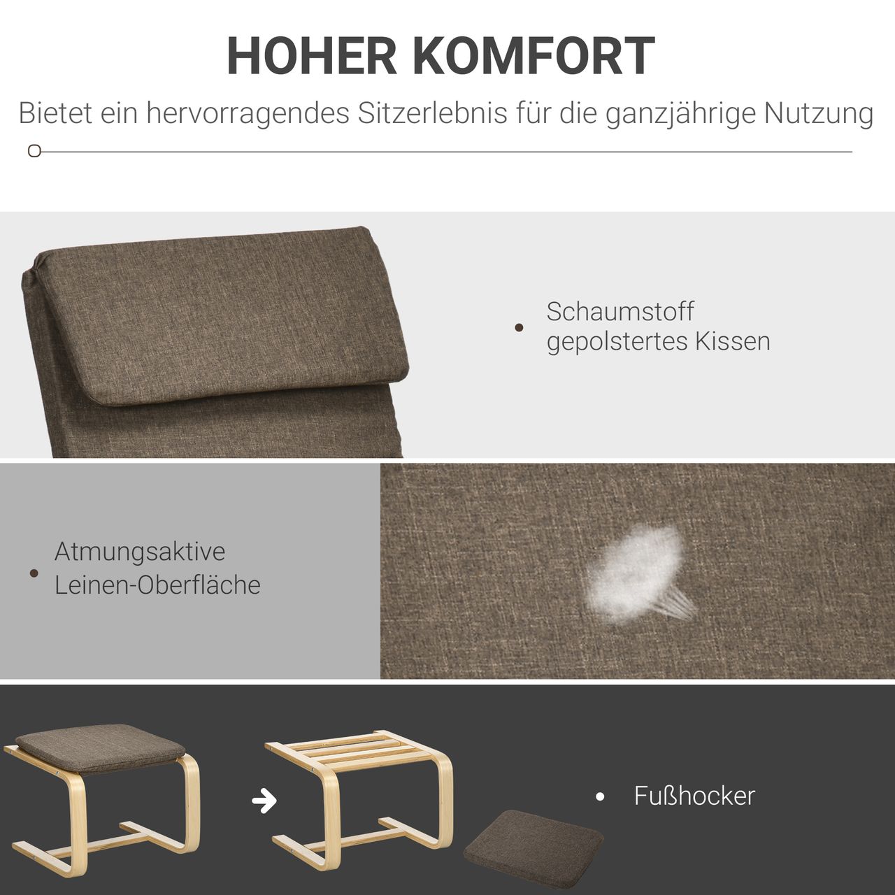 HOMCOM Relaxsessel mit Fußhocker Armlehnensessel Leinenbezug Holzgestell Braun